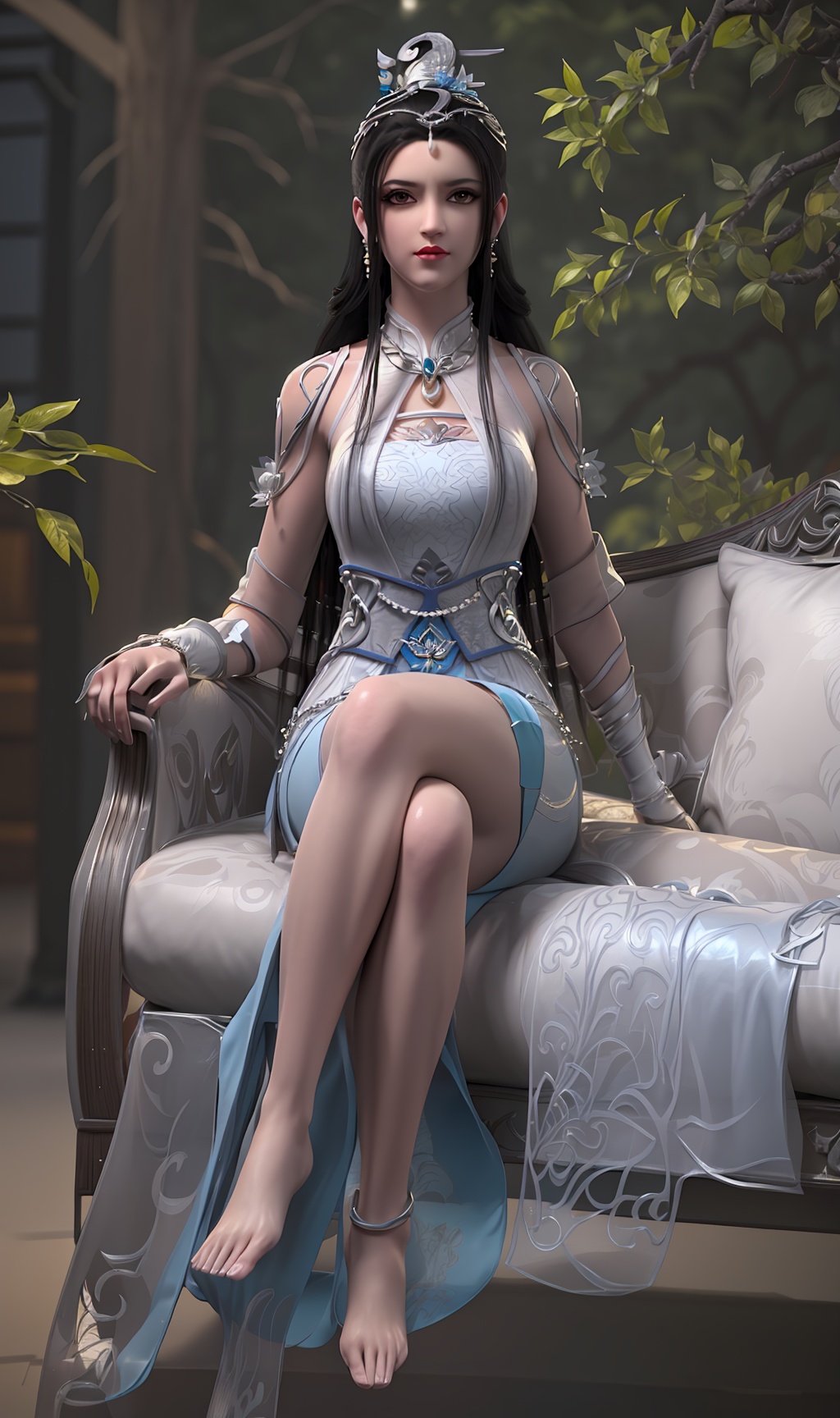 3D,masterpiece,(best quality),(makeup),official art, extremely detailed cg 8k wallpaper,((crystalstexture skin)), (extremely delicate and beautiful),(highly detailed),(face),(headdress),(1girl), (solo), (jewelry), (earrings),(black_hair),(long_hair),(hair_ornament),(handwear),(silk_ribbon),(breast),(wristband),(sitting),,,((full_body,whole_body)),(long_dress,long_skirt),(chinese_clothes),(multicolored_clothes),(multicolored_dress),(shiny_clothes:),(long_legs),((closed_mouth)),(sunshine, outdoor,sofa),((looking_at_viewer)),((Facing the camera)),(barefoot), (anklet),, <lora:hipoly3DModelLora_v10:0.3> <lora:枫岫-武动乾坤-绫清竹初装00:0.75>