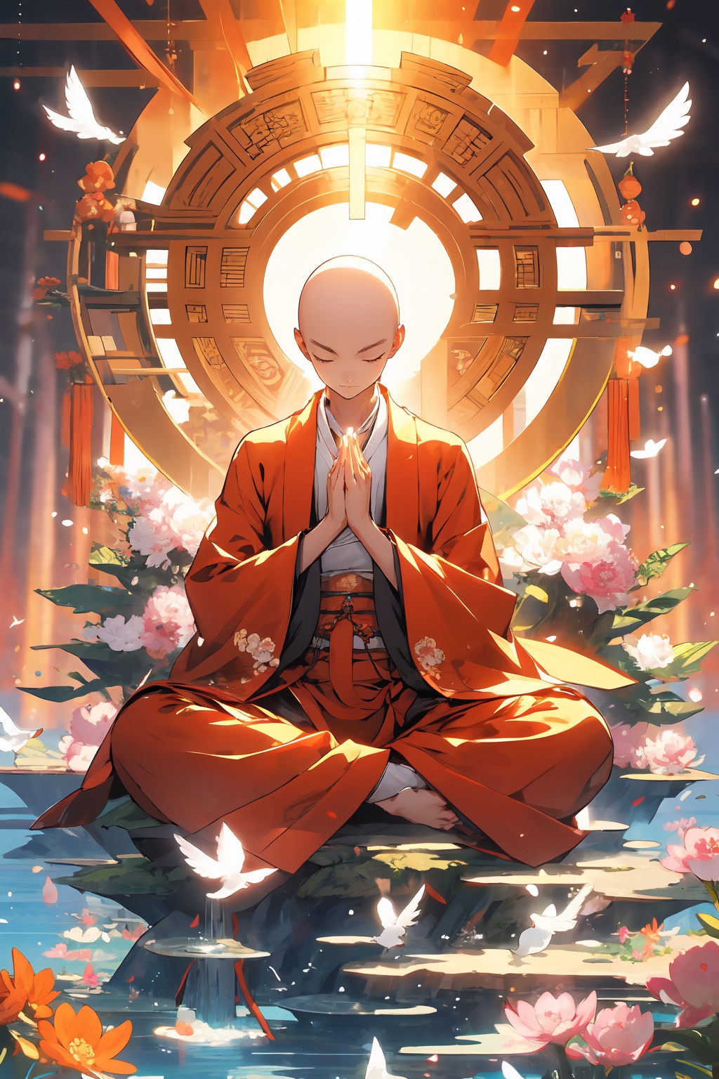 monk, 1boy, bald, solo, prayer beads, leaf, flower, wide sleeves, closed eyes, long sleeves, dove, closed mouth, full body, sunlight, bird on hand, water, sun, ripples, looking down,sit cross-legged,light particle,put your hand on your chest,chinese monk's white kasaya clothes,circular Pattern Background,buddha beads around the neck, highlights on the top of the head, <lora:yiling_玉面小僧:0.8>