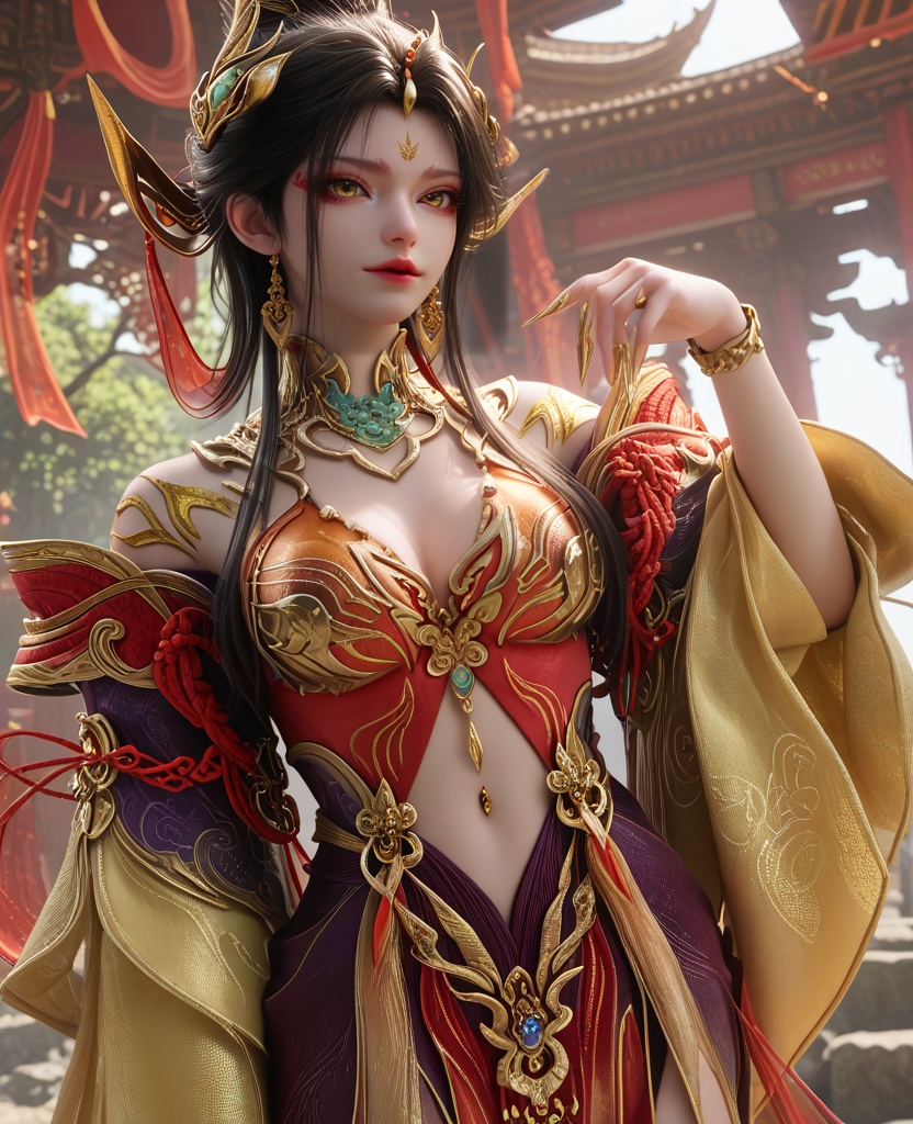 (oriental architecture, elegant decor, sophisticated style:1.1),(spread arms:1.1),(breasts:1.2),<lora:永劫无间南宫锦五丰太岁:0.95>,miss nangongjin,orange red corset dress with plum,yellow eyes,eyeshadow,forehead mark,black hair,traditional chinese updo with long front strands,hair ornament,earrings,jewelry,claw ring,wide flowing sleeves,cleavage,, score_9,score_8_up,score_7_up,score_6_up,score_5_up,score_4_up,3d rendering,tag1,tag2, Cinematic Lighting,backlighting,