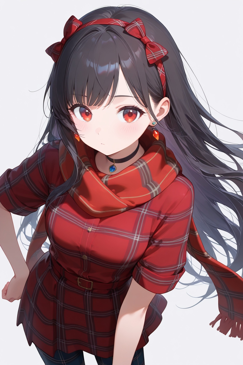 1girl,bangs,black_choker,black_hair,choker,closed_mouth,earrings,eyebrows_visible_through_hair,hairband,hand_on_hip,jewelry,long_hair,looking_at_viewer,plaid,plaid_bikini,plaid_bow,plaid_dress,plaid_headwear,plaid_jacket,plaid_pants,plaid_ribbon,plaid_scarf,plaid_shirt,plaid_skirt,red_eyes,shirt,short_sleeves,simple_background,solo,standing,unmoving_pattern,very_long_hair,white_background