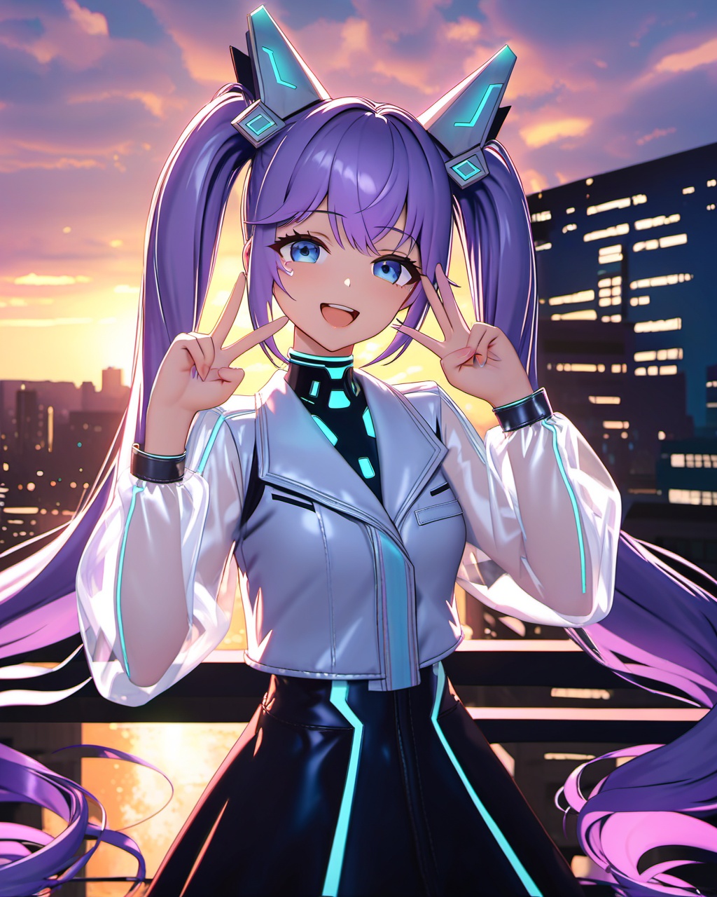 <lora:xiangwan-asoul-a3d:0.6>,ray tracing,very aesthetic,aesthetic,amazing quality,best quality,hight,hight quality,masterpiece,highres BREAKVolumetric Lighting,Cinematic Lighting,background light,moody lighting,dusk,1girl,solo,twintails,purple hair,long hair,blue eyes,see-through sleeves,cyberpunk hair ornament,white collared jacket,very long hair,sky,cloud,jacket,cowboy_shot,cyberpunk city,double_v,looking_at_viewer,;d,happy_tears,teasing_smile,giggling,
