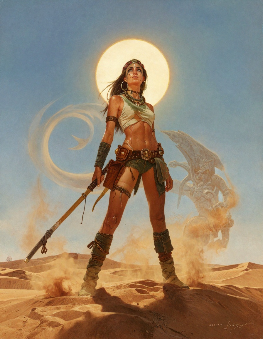 A sun-scorched Zendikari explorer stands atop a dune,  whip in hand,  staring down a sand elemental. Illustrated In a hero...
