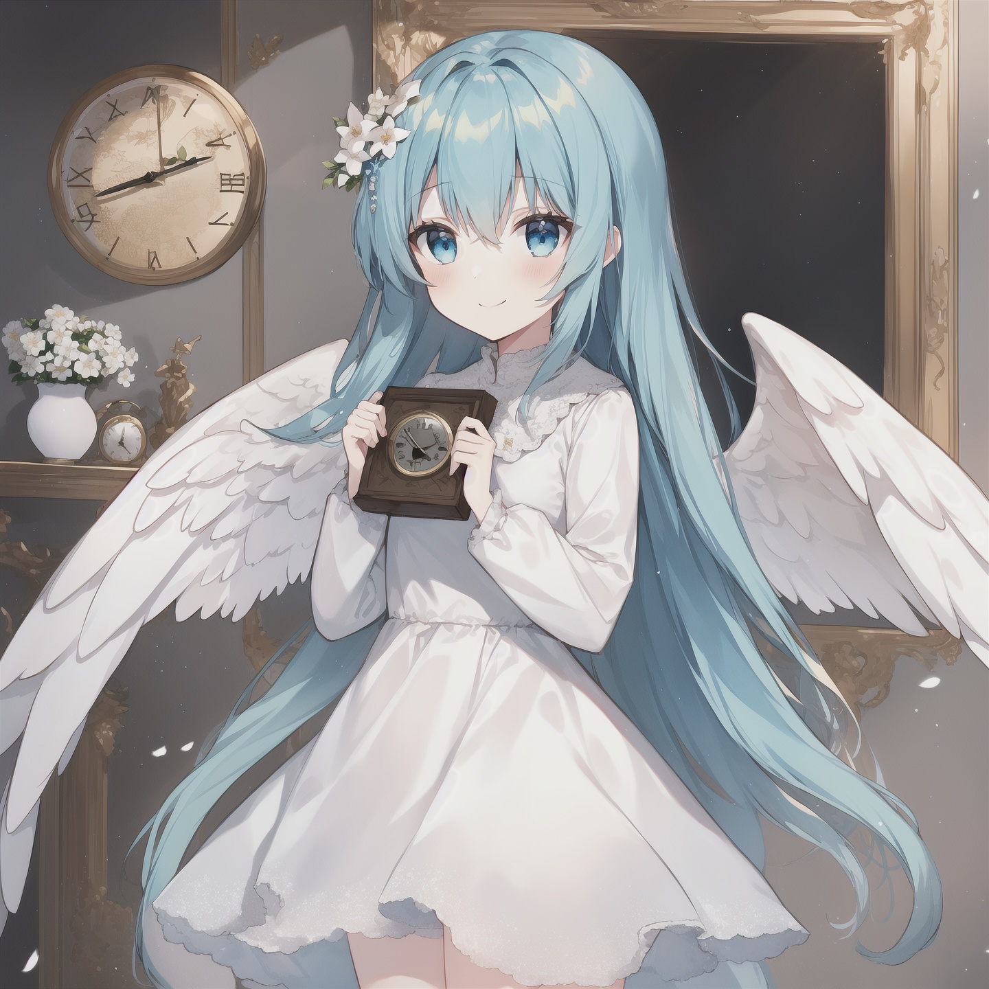 1girl, wings, clock, solo, hair ornament, flower, blue eyes, long hair, angel wings, looking at viewer, hair flower, holding, smile, dress, white wings, frills, feathered wings, bangs, closed mouth, indoors, long sleeves, plant, halo, blush, angel, white flower, cowboy shot, blue hair, hair between eyes, aqua hair, standing, white dress