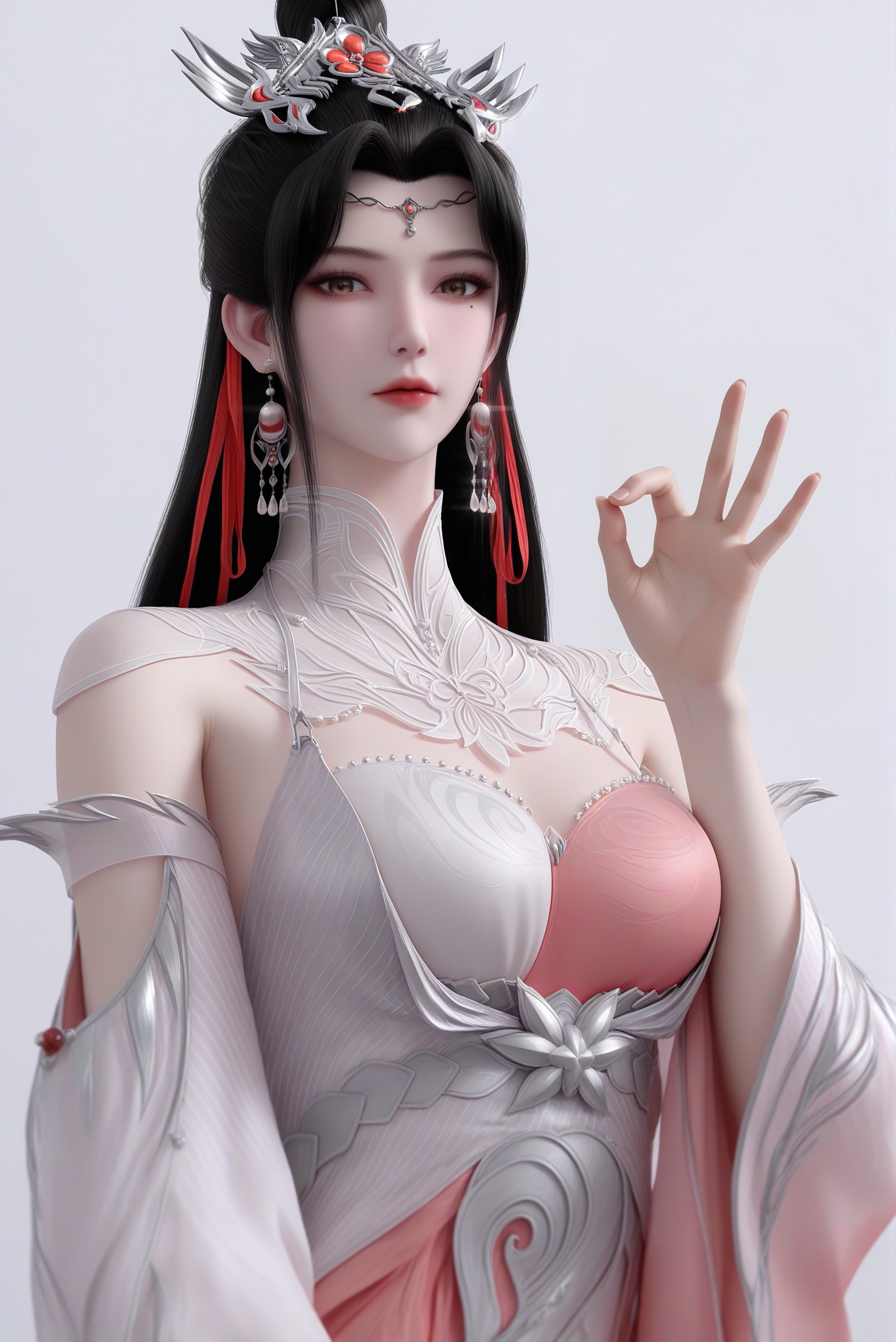 masterpiece,best quality,absurdres,highres,mature female,glamor,(slender:1.1),solo,<lora:柳眉-ill-000009:0.85>,liumei,long hair,black hair,hair ribbon,dangling earrings,crown-like hair ornament,hair ornament,forehead decoration,single hair bun,mole under eye,grey yes,brown_pupils,light blush,BREAKcollarbone,sheer overlay,mandarin collar,jewelry,halter dress,detached sleeves,two-tone bustier,looking at viewer,(front view),(ok_sign),upper body,BREAK(white_skin:1.1),(fair_skin:1.1),realistic,simple background,white background,