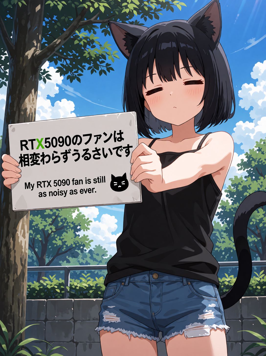 An anime cat girl wearing a black ****-top and denim shorts is standing outdoors. She's holding a rectangular sign out in...