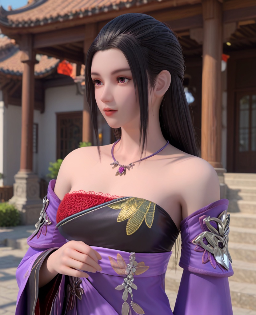 (oriental architecture, elegant decor, sophisticated style:1.1),(having a phone call:1.1),(breasts:1.2),<lora:XL雪鹰领主孔悠月:0.95>,miss kongyouyue,purple paired with black strapless dress,black hair,long hair,jewelry,detached sleeves,purple eyes,double cuffs,red bra,sash,eyelashes,, score_9,score_8_up,score_7_up,score_6_up,score_5_up,score_4_up,3d rendering,tag1,tag2, Cinematic Lighting,backlighting,