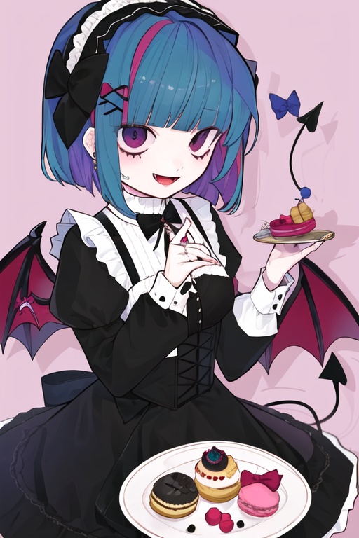 CH, high contrast, 1Girl, solo, looking at the audience, blue blue smile, short hair, open mouth, bangs, black hair accessories, long sleeves, black and red Gothic Lolita, bow, holding, jewelry, headband, food, demon wings, demon tail, Lolita fashion, Gothic Lolita, Lolita headband, macaron, purple background