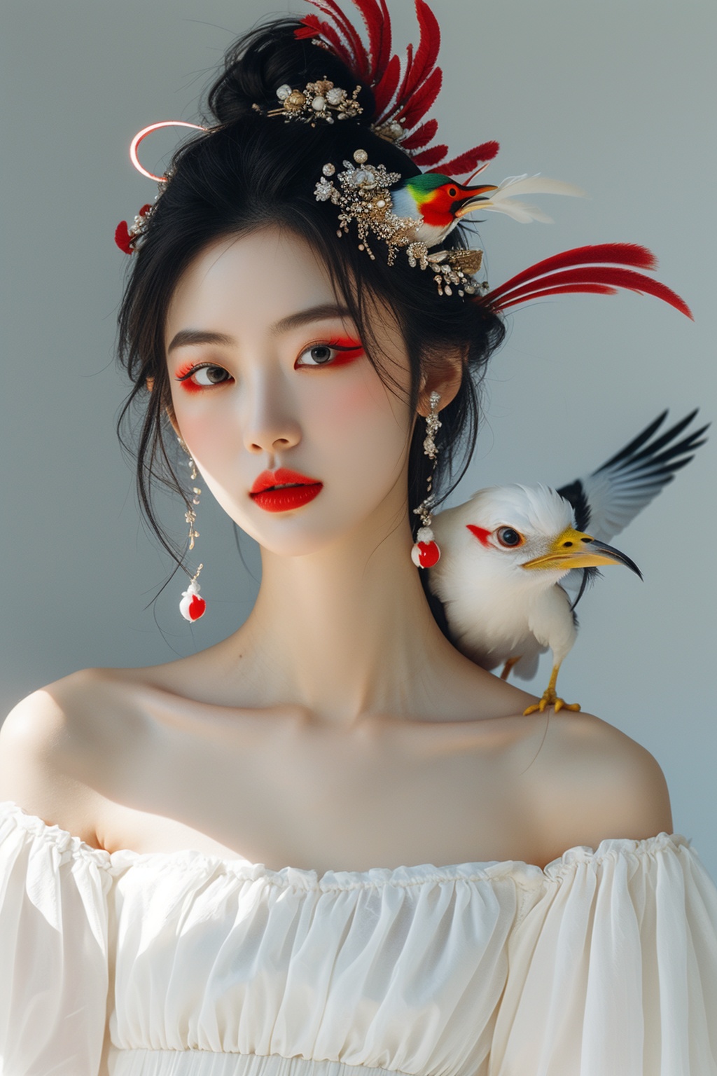 a woman in a white dress with a bird on her shoulder and a bird on her shoulder,with a red and white bird on her head,1girl,hair_ornament,black_hair,upper_body,tongue,makeup,