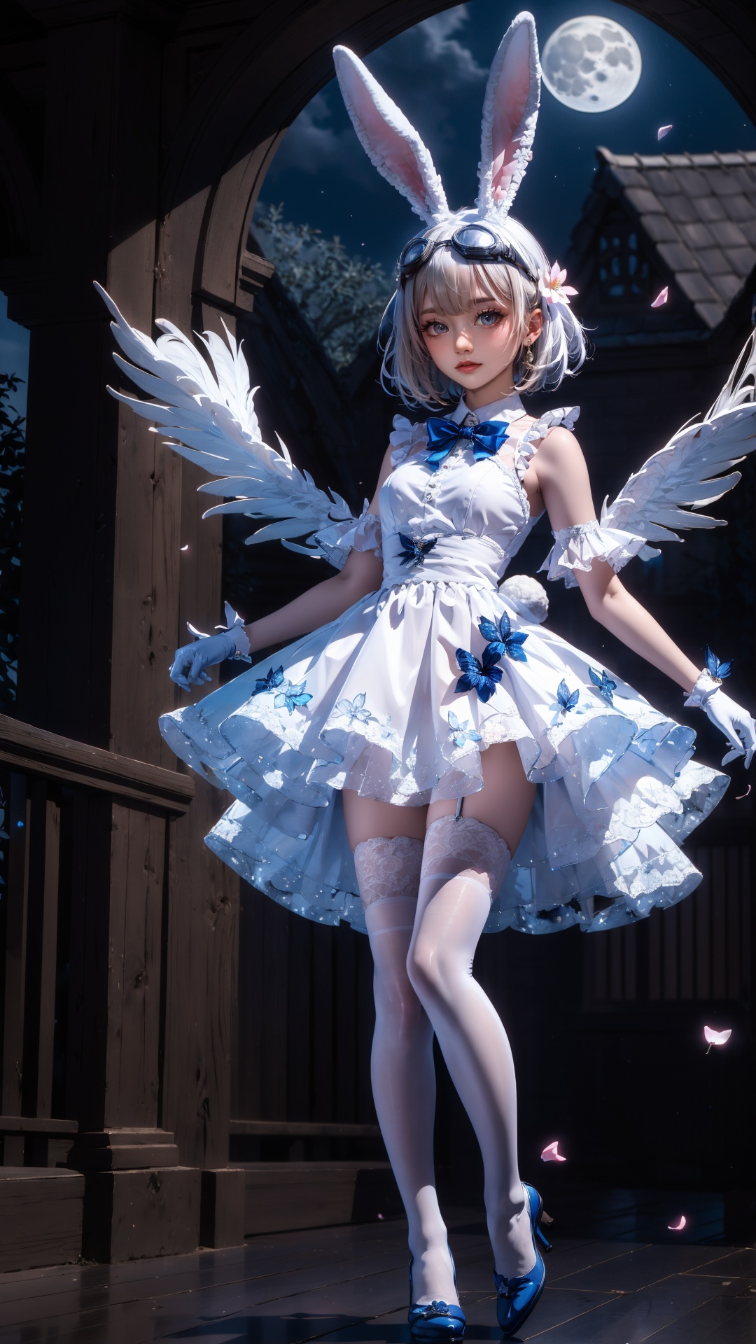 tutututu,1girl,solo,rabbit ears,white dress,white gloves,blue footwear,goggles on head,sleeveless dress,bangs,blue bow,white hair,short hair,white thighhighs,<lora:SY-000010:0.65>,1girl, (colorful),(finely detailed beautiful eyes and detailed face),cinematic lighting,bust shot,extremely detailed CG unity 8k wallpaper,white hair,solo,smile,((flying petal)),(Flowery meadow)sky, cloudy_sky, building, moonlight, moon, night, (dark theme:1.3), light, fantasy,
