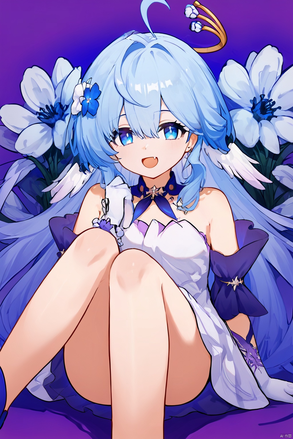 nai3, 1girl, solo, ahoge, virtual youtuber, , flower, looking at viewer, sitting, open mouth, smile,bangs,between legs, :d, hand between legs, purple background, fang, feet out of frame,haoche\\\\\\\\\\\\\\zgn,1girl,long hair,halo,blue eyes,gloves,bangs,white dress,bare shoulders,blue hair,blue footwear<lora:EMS-311409-EMS:0.800000>