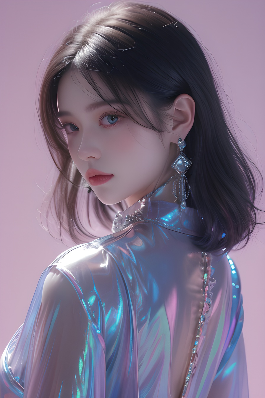 1girl,jewelry, iridescence,  look back, upper body,light pink background, (32k, best quality, highres, masterpiece:1.21), (realistic:1.331), detailed and intricate, (iridescent hair:1), <lora:20240218-1708234260649:0.4>, <lora:幻光琉璃Phantasmal Luminous The Radiance of Rainbow Dispersion:0.6>