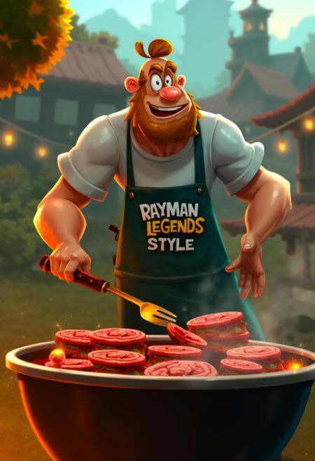 raymanlegends,  a man cooking hamburgers on a barbecue outside. He is wearing an apron that says "Rayman Legends Style" on...