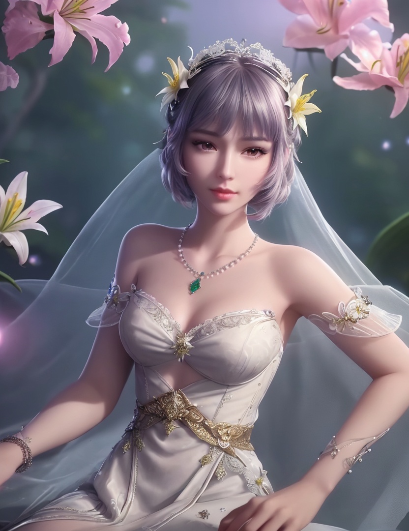 ultra realistic 8k cg, picture-perfect face, flawless, clean, masterpiece, professional artwork, famous artwork, cinematic lighting, cinematic bloom, perfect face, beautiful face, fantasy, dreamlike, unreal, science fiction,   lace, lace trim, lace-trimmed legwear,  (rich:1.4), prestige, luxury, jewelry, diamond, gold, pearl, gem, sapphire, ruby, emerald, intricate detail, delicate pattern, charming, alluring, seductive, erotic, enchanting, hair ornament, necklace, earrings, bracelet, armlet,halo((,1girl, pov,))  ((, 1girl, solo, star_\(symbol\),lily \(flower\),hair flower, dress, jewelry))<lora:DA_BaiChenXiang:0.6>