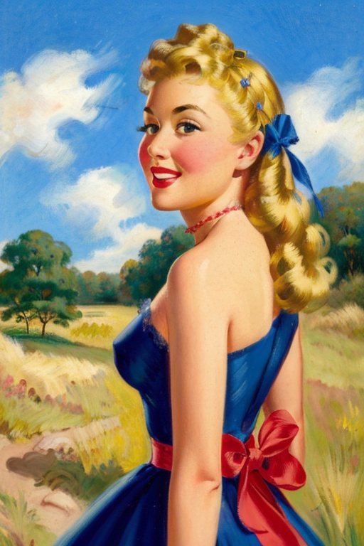woman with a hair ribbon,  blonde hair,  in a grassy field on Tensor.Art