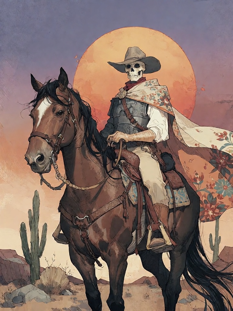 Bradhamel art style. A skeletal cowboy with a wide-brimmed hat rides a dark brown horse across a desert landscape at sunse...