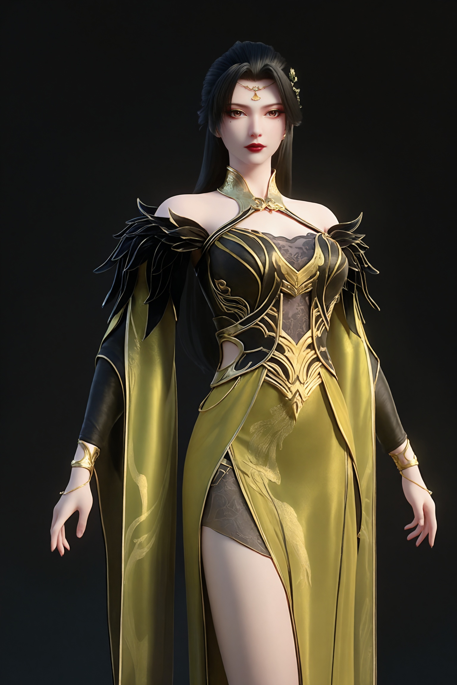 black background,standing,looking at viewer,1girl,lry\(csj\),black hair,long hair,hair ornament,brown eyes,mole under eye,red lips,makeup,eyeshadow,jewelry,yellow-green dress,bare shoulders,long sleeves,chinese clothes,black sleeves,clothing cutout,bracelet,feather trim,gold trim,circlet,black footwear,