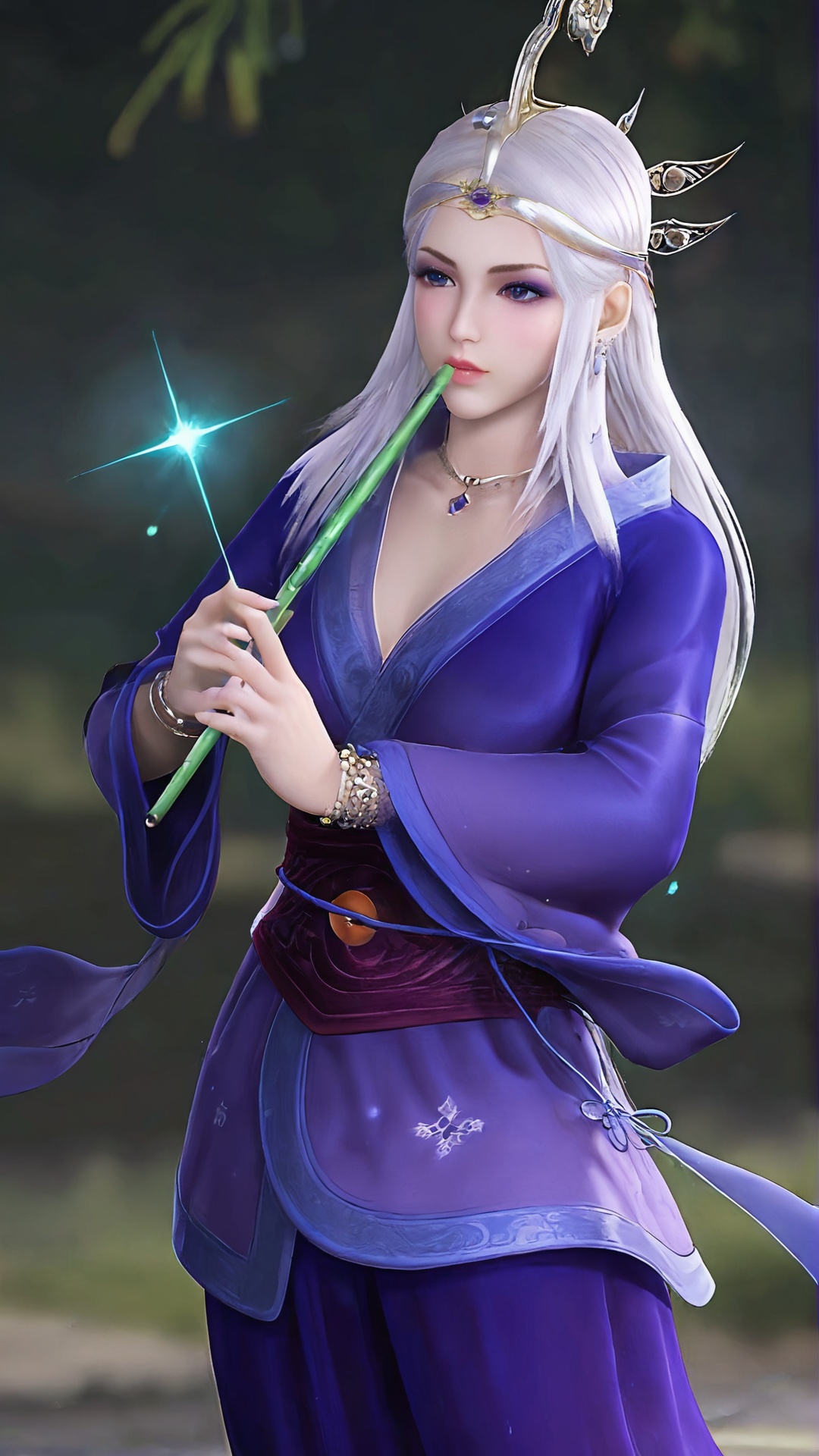 The image is a digital illustration of a young woman with long white hair and a crown on her head. She is wearing a purple robe and is holding a green wand in her right hand. The woman has a serious expression on her face and is looking off to the side. The background is blurred, but it appears to be an outdoor setting with trees and greenery. The overall mood of the image is mystical and mystical.<lora:pony雪女:0.8>,