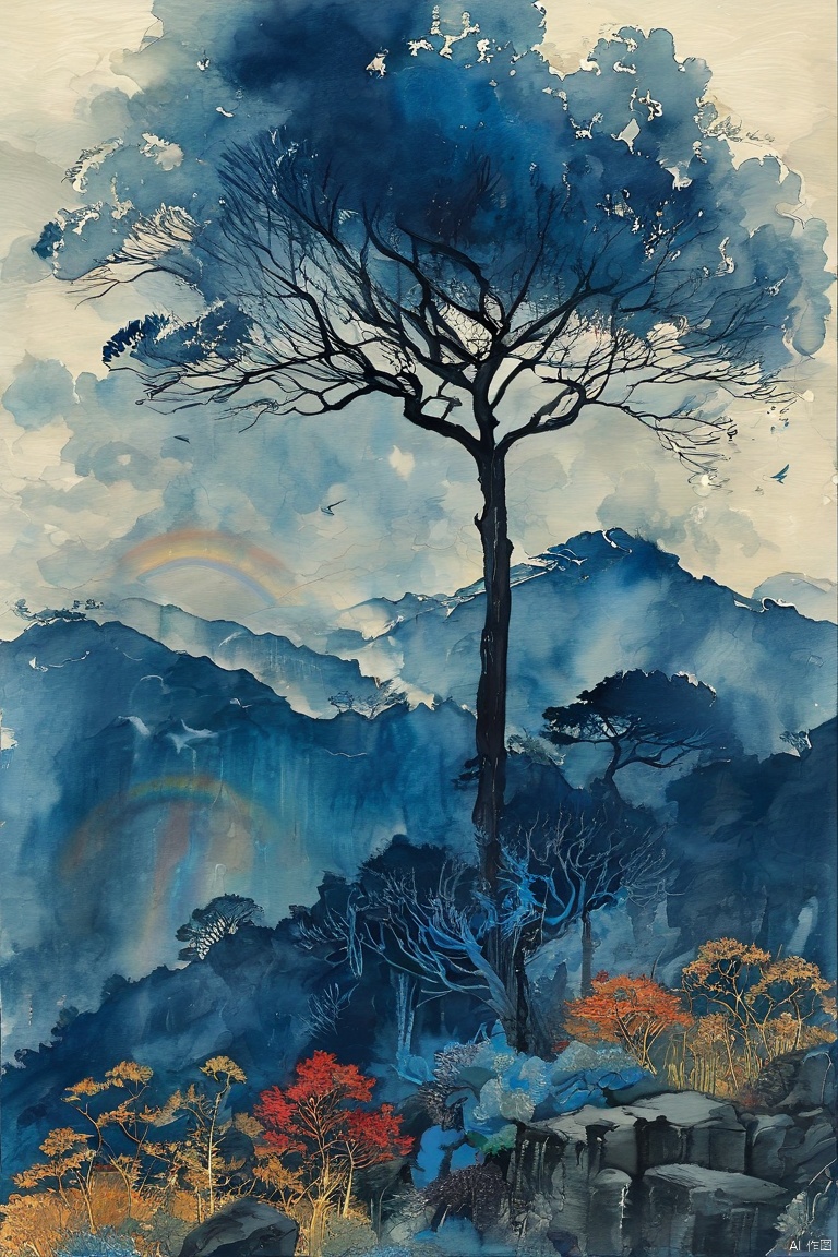 Chinese ink painting,lushan mountain,waterfall,sea of clouds,clear with a rainbow,lenticular,Masculine colors,Dark blue, gray, and black colors,Cowboy shot,by Wu Guanzhon,,dark fairy tale,,fflix_shards,,John Albert Bauer Style,by Alphonse Mucha,,FantacyWorld,,traditional media<lora:EMS-307144-EMS:0.800000>