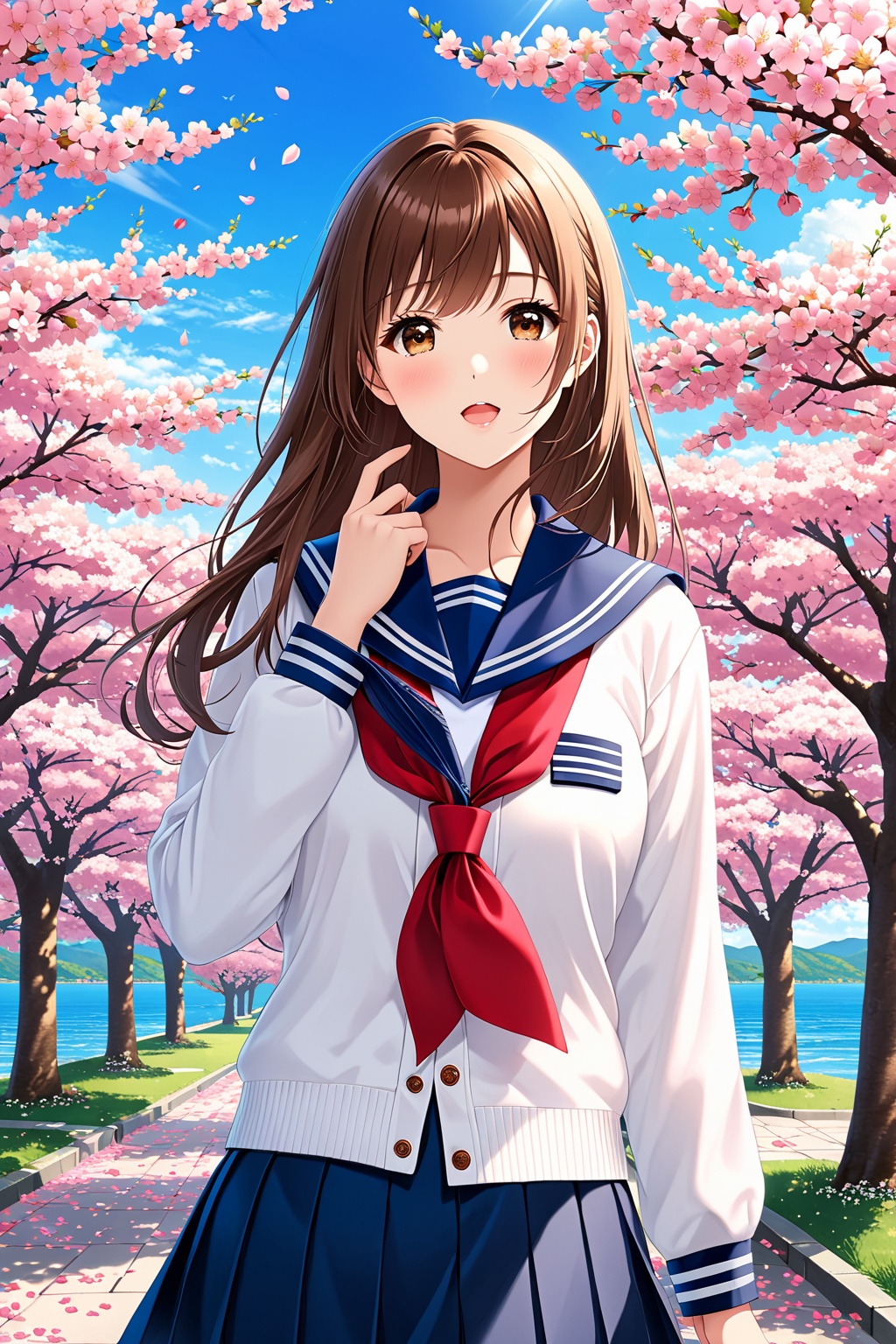 1girl, solo, long hair, looking at viewer, blush, open mouth, bangs, skirt, brown hair, shirt, long sleeves, brown eyes, school uniform, standing, upper body, flower, outdoors, parted lips, sky, serafuku, day, hand up, sailor collar, tree, blue sky, neckerchief, sleeves past wrists, petals, cardigan, blue sailor collar, cherry blossoms, red neckerchief, white cardigan