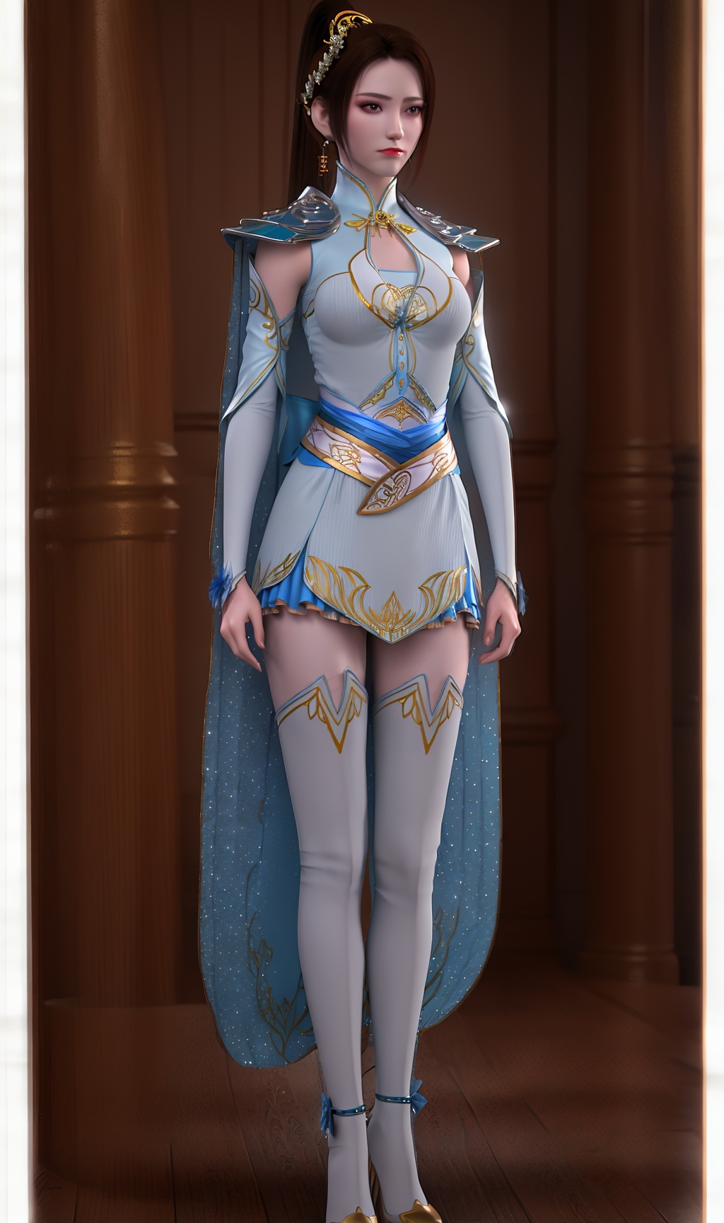 3D,masterpiece,(best quality),(makeup),official art, extremely detailed cg 8k wallpaper,((crystalstexture skin)), (extremely delicate and beautiful),(highly detailed),(face),headpiece,(collar),(ponytail),(shawl:1.000),(1girl), (solo), (jewelry), (earrings),(black_hair),(long_hair),(hair_ornament),(handwear),(breasts),(standing),((full_body,whole_body)),(dress),(short_skirt),(multicolored_clothes),(multicolored_dress),(shiny_clothes),(city,indoor),(long_legs),(sash),(thighhighs),(thighs),,((looking_at_viewer)),((Facing the camera)),((high_heels)),, <lora:hipoly3DModelLora_v10:0.3>