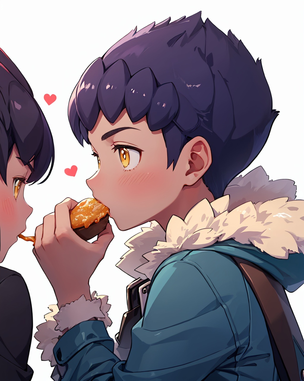 masterpiece,best quality, highly detailed, hop (pokemon),male focus, fur-trimmed jacket, dark-skinned male, holding, 1boy, from side, blush, heart, food, upper body, white background, hands up, blue jacket, eating,<lora:hop_(pokemon):1>