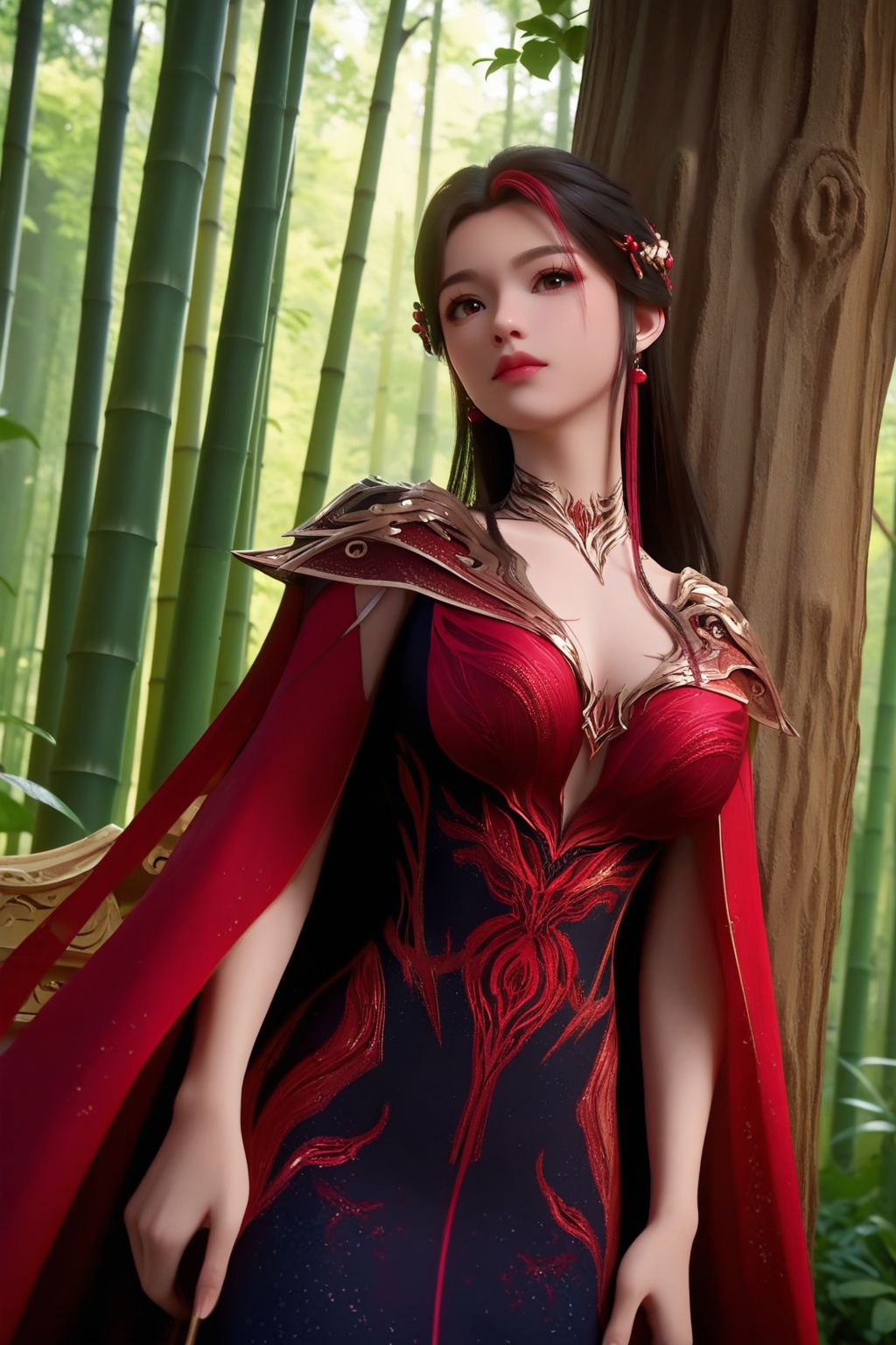 (Resting against a tree trunk in a blooming cherry orchard, she embodies the ephemeral beauty of spring:1.2),looking at viewer,<lora:XL16神国之上赵襄儿皇服:0.85>,miss zhaoxianger,black corset evening gown with red embroidery,brown eyes,black hair,red streaked hair,very long hair,hair ornament,red cape train,(large breasts:1.2),bamboo forest,water,stone,pondel,, score_9,score_8_up,score_7_up,score_6_up,score_5_up,score_4_up,3d rendering,tag1,tag2, Cinematic Lighting,backlighting,