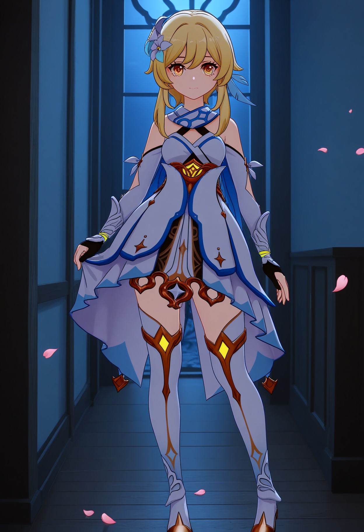 (standing full_body:1.1),looking at viewer:1.1,masterpiece,(best quality),(mutated_hands:-1.2),(bad hands:-1.2),smog,Dark room,dim lighting,peach blossom,falling petals,<lora:YQ_Illustrious光辉二次元v1_荧_V1:0.8>,q1528437228,1girl,solo,lumine (genshin impact),blonde hair,hair ornament,dress,hair flower,white dress,short hair with long locks,detached sleeves,yellow eyes,scarf,sidelocks,feather hair ornament,gloves,white thighhighs,boots,