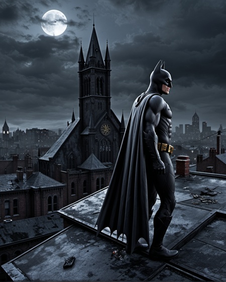 realism style Gotham City, Batman  on rooftop of old rotten house, hyper realistic , cinematic, Gothic art style, gothic details, dramatic compositions, rich symbolism . lifelike, detailed, accurate, representational