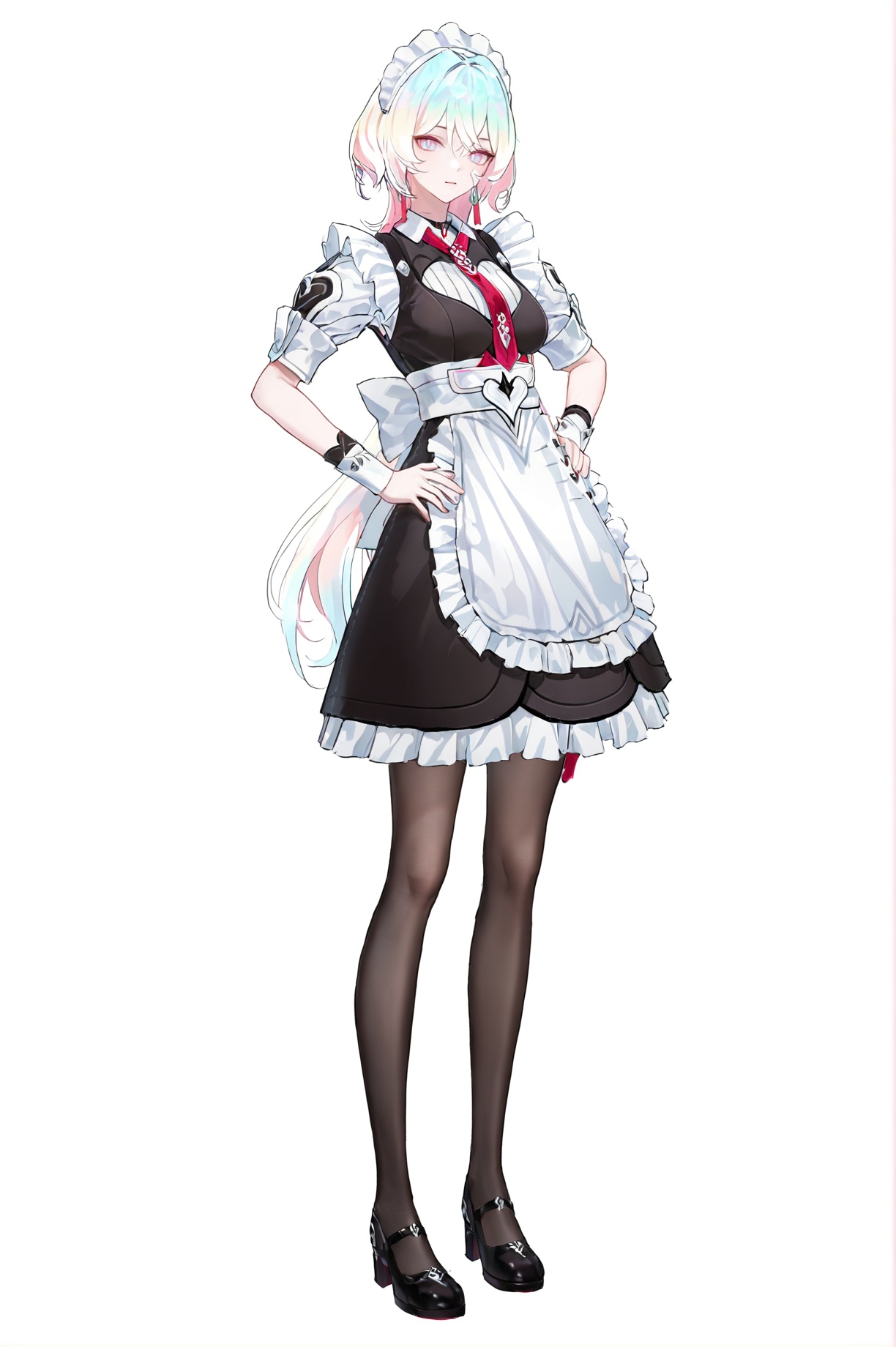 8k,best quality,masterpiece,(ultra-detailed),(high detailed skin),(artist:reoen:0.826446),(artist:machi:0.9),(artist:ningen_mame:0.9),(artist:sho_(sho_lwlw):0.9),(artist:rhasta:0.9),(artist:wlop:0.7),(artist:ke-ta:0.6),(fkey:0.5),(tianliang duohe fangdongye:0.5),(hiten \(hitenkei\):0.6),best quality,amazing quality,(artist:onineko:0.826446),very aesthetic,bokeh,masterpiece,best quality,<lora:wqmt-gnoob-Tanger:0.4>,Path to Nowhere  \(video game\),game CG,cool,full body,full shot,standing,looking at viewer,(solo:1.2),simple background,(white background:1.2),hand on own hip,(white background:1.1),<lora:Lantern-new-will-Tanger-000014:1>,Lantern \(Honkai Impact 3\),maid Lantern,clothes: maid costume,facial bandage,1girl,maid headdress,blue eyes,black pantyhose,maid,apron,blue-and-pink hair,multicolored hair,red necktie,necktie,black footwear,