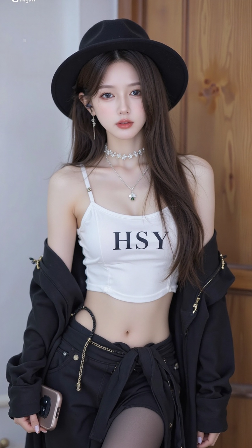 A young girl appears solo in the frame,adorned with jewelry including a necklace and earrings. She is wearing a white bra,black pantyhose,and is standing,not sitting. Her long hair cascades down her back,and she holds a cellphone in her hand,presenting a realistic image. She is dressed in an open shirt with off-the-shoulder long sleeves,revealing a hint of cleavage. The girl has brown hair,blue eyes,and is wearing black headwear. She gazes directly at the viewer with her lips closed,exuding an elegant and enigmatic aura.luo,luo,.,(The letters "HSY" are printed on the clothes:1.6, presented in a subtle manner:1.6, not too eye-catching, just clear enough to be identified. The color of the letters matches the overall picture.),