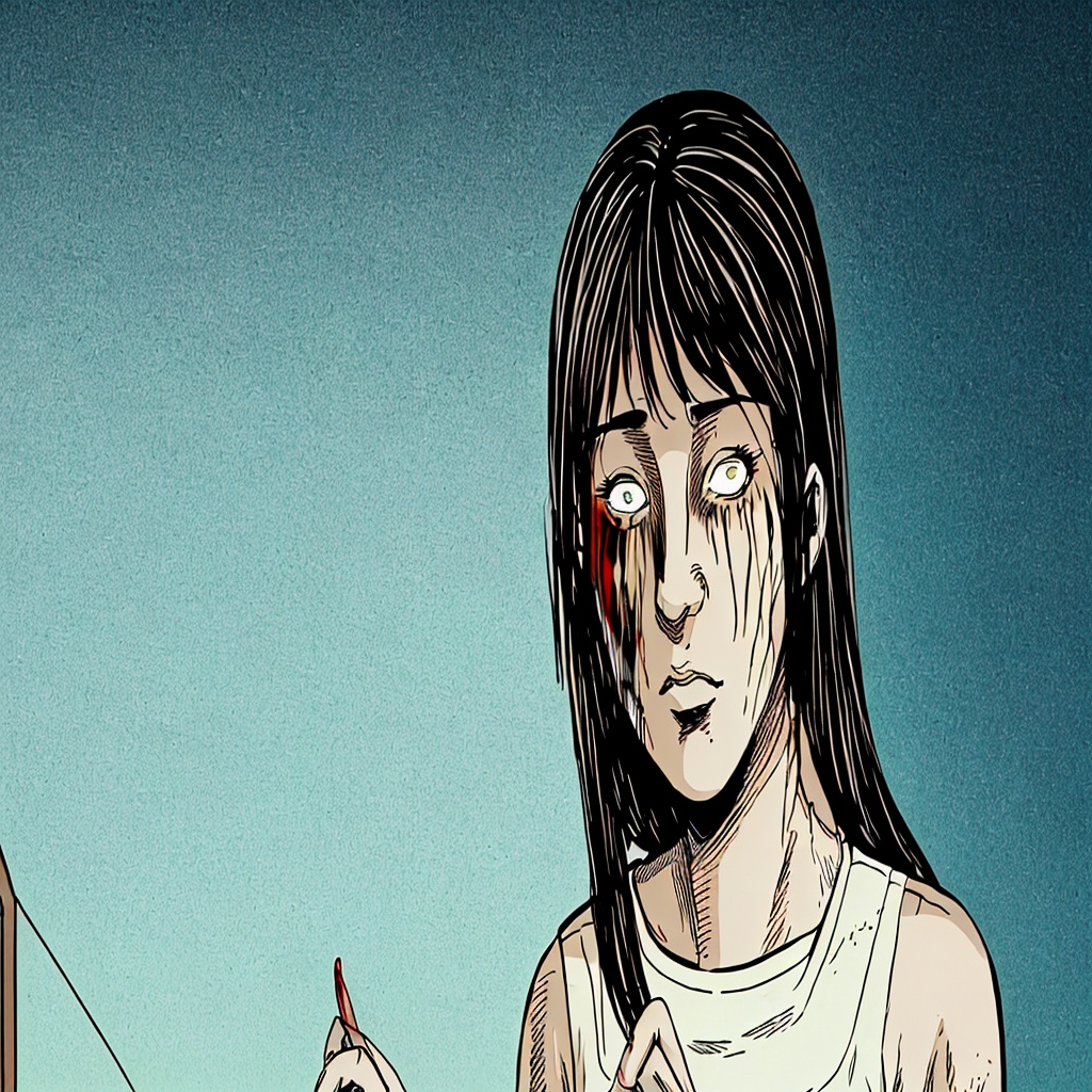 mjgs,<lora:mjgs_v2.0:0.8>,1girl,solo,black hair,horror \(theme\),simple background,black background,heterochromia,long hair,holding,paintbrush,