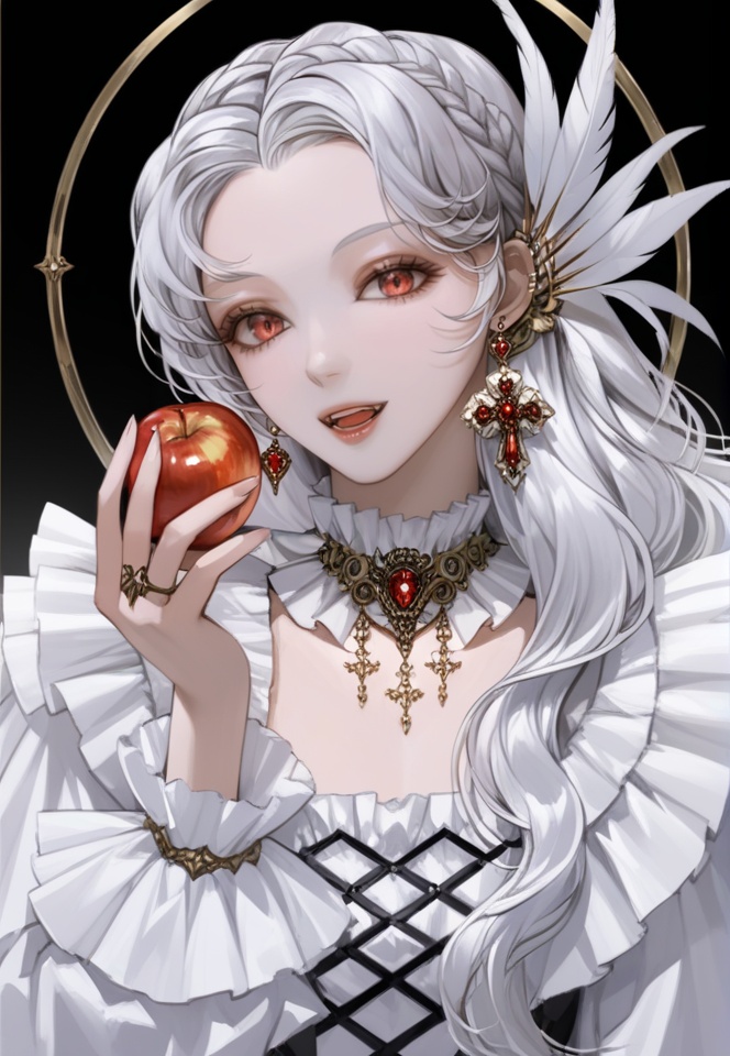 (best quality), ((masterpiece)), (highres), illustration, original, extremely detailed, <lora:美の欲:0.7>1girl, jewelry, holding fruit, solo, fruit, holding food, food, red eyes, holding, long hair, apple, earrings, white hair, ring, looking at viewer, hair ornament, upper body, black background, open mouth, frills, braid, cross, feathers, fangs, parted lips, gem, long sleeves, hand up, bangs, detached collar