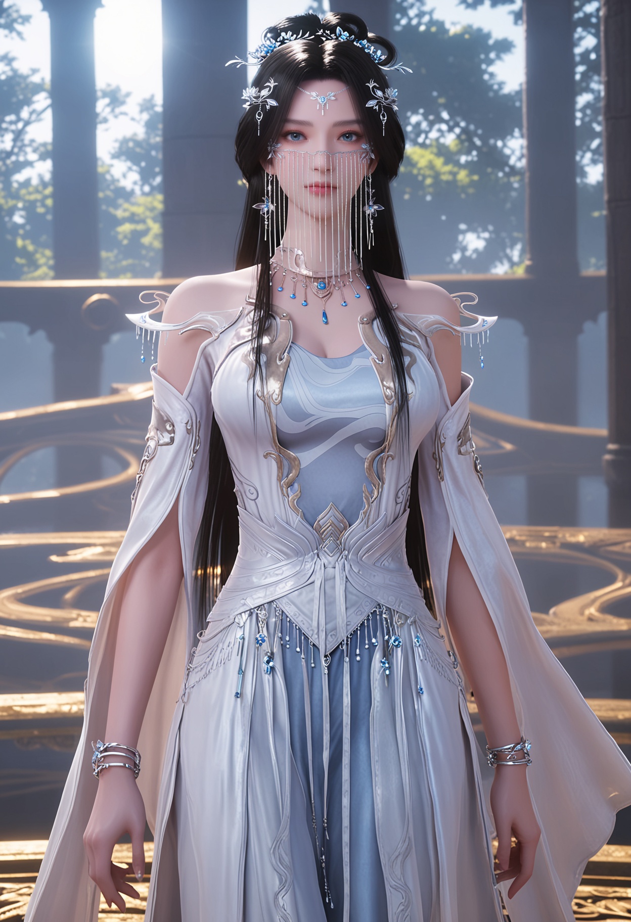 score_9,high detail,best quality,cinematic lighting,volumetric lighting,shiny skin,shiny,1girl,solo,blue eyes,jewelry,breasts,white background,long hair,dress,black hair,mouth veil,hair ornament,bracelet,simple background,white dress,necklace,bare shoulders,closed mouth,looking at viewer,thighs,<lora:QQSponyanmiaoyiV1:0.8>,<lora:Pony_DetailV2.0:0.8>,<lora:皮肤凹痕:0.1>,