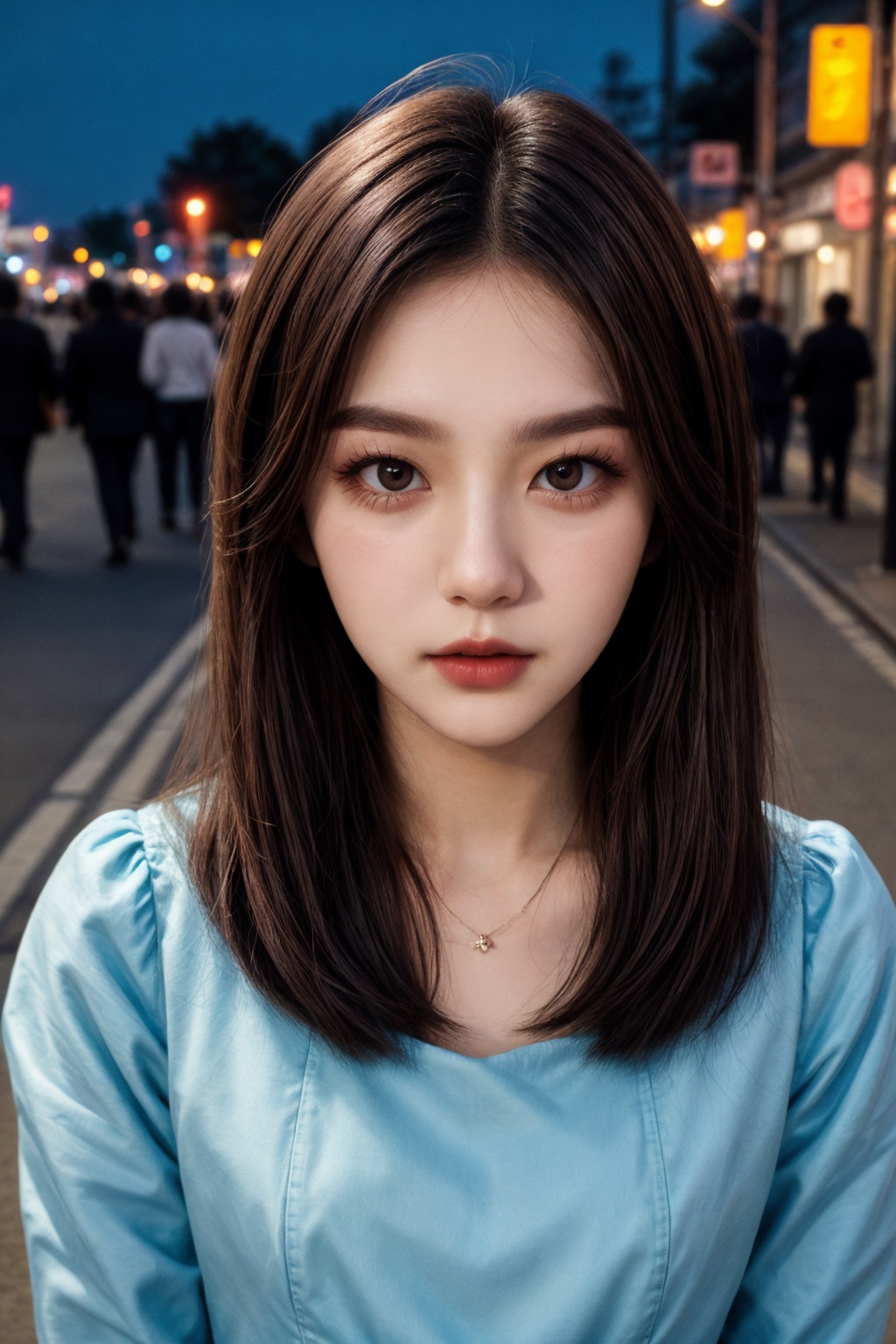 instagram photo, closeup face photo of 18 y.o woman in dress, beautiful face, makeup, night city street,shot from above
