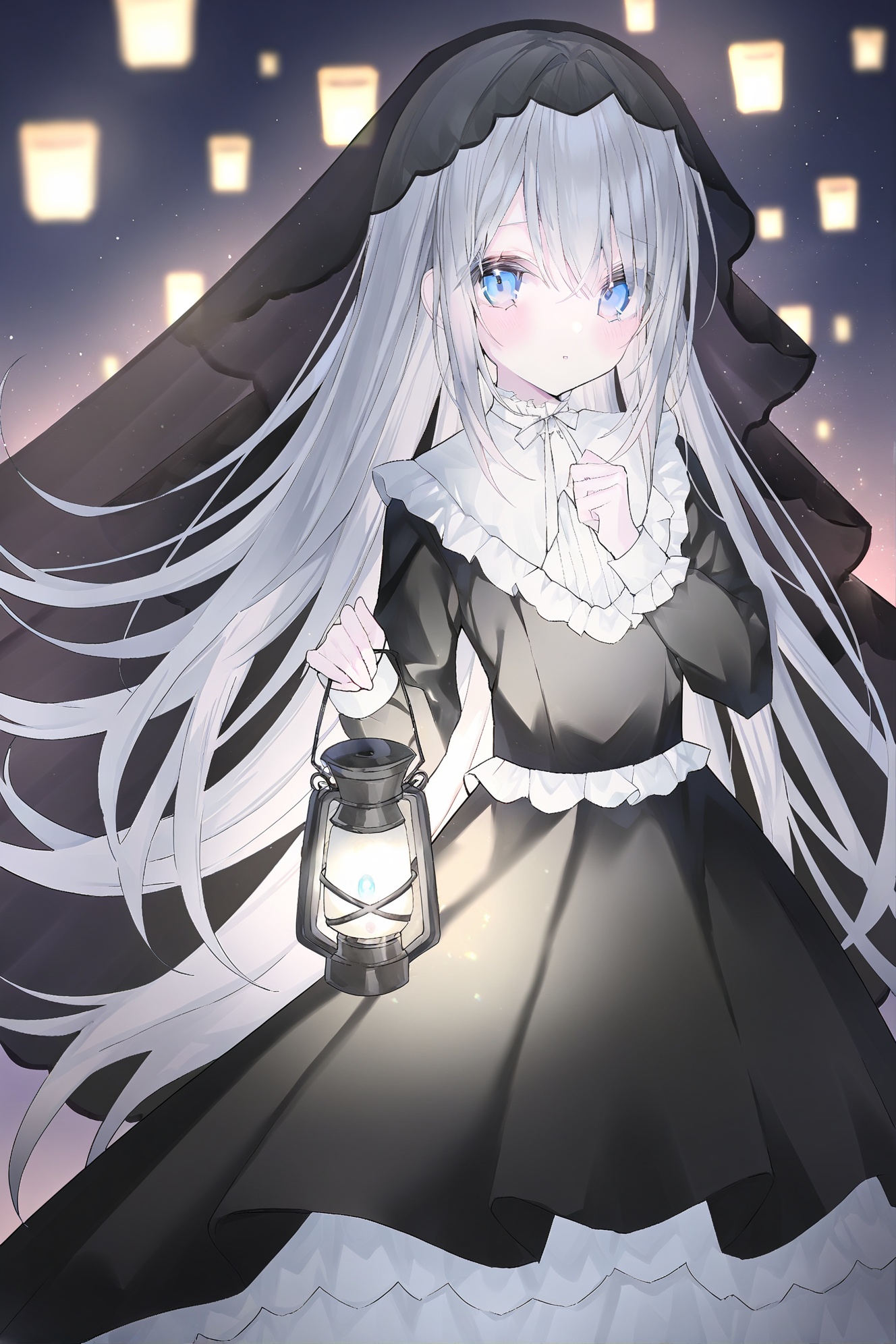 1girl, solo, long hair, blue eyes, dress, looking at viewer, lantern, holding lantern, long sleeves, black dress, blurry background, very long hair, blurry, holding, blush, frills, grey hair, veil