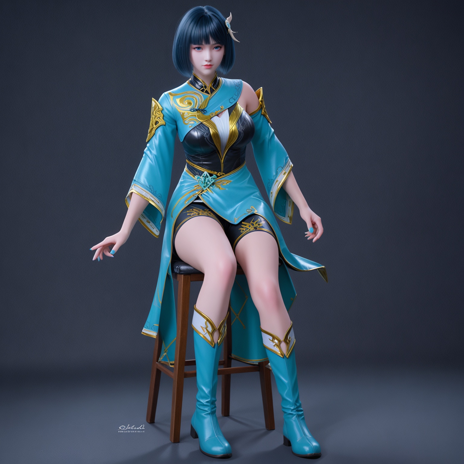 <lora:YQponymuqingluanV2:0.8>,1girl,q1528437228,solo,short_hair,black_hair,hair_ornament,bangs,dress,bob_cut,detached_sleeves,blue_eyes,blunt_bangs,boots,wide_sleeves,chinese_clothes,shorts,blue_dress,black_eyes,realistic,bike_shorts,blue_nails,long_sleeves,nail_polish,blue_footwear,bare_shoulders,knee_boots,colored_skin,BREAK score_9,upper_body,portrait,shiny_skin,looking at viewer,cinematic lighting,volumetric lighting,solo focus,(huge breasts:0.9),(simple background,pure black background,black background:1.1),