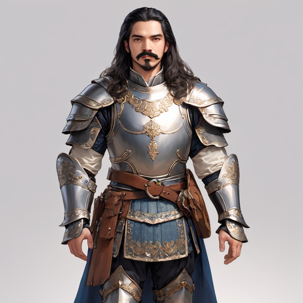 1boy, male focus, solo, facial hair, beard, armor, black hair, colored skin, white background, simple background, full body, mustache, long hair, standing, (high quality), best quality, (4k), 8k, super detailed, (full detail), (masterpiece), (realistic), super detailed,(Exquisite details) ,intricate,