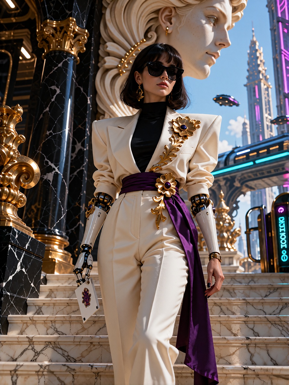 A young woman with a dark bob and black sunglasses descends broad white marble steps. Her white trouser suit has pronounce...