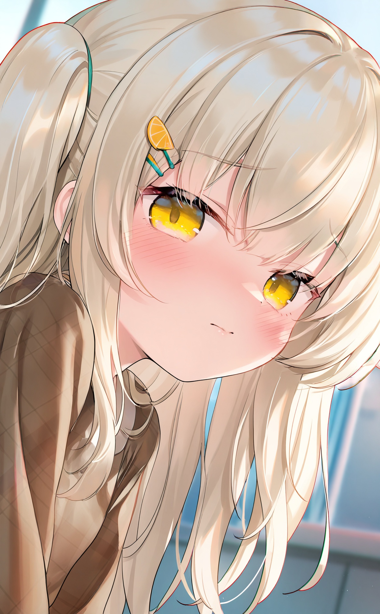 masterpiece,very aware,highres,absurdres,newest,best quality,loli,petite,high quality,chromatic_aberration,cinematic_angle,dutch angle,Light Blue Theme,//,1girl, food-themed_hair_ornament, hair_ornament, blush, long_hair, window, solo, shirt, looking_at_viewer, yellow_eyes, brown_shirt, hairclip, indoors, one_side_up, closed_mouth, blonde_hair, plaid, looking_to_the_side, plaid_shirt, portrait, upper_body//,//,official art,depth of field,detailed light,blurry background,best shadow,shiny skin,cinematic lighting,ray tracing,amazing quality,very aesthetic,absurdres,beast quality,ultra detailed,newest,8K,HDR,//,<lora:guizhencao——【noob】hans:0.88>,