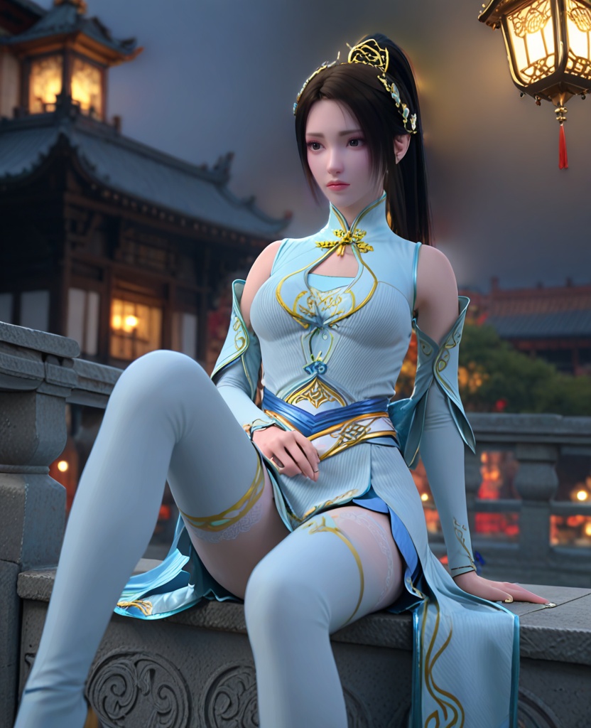 (oriental architecture, elegant decor, sophisticated style:1.1),(Sitting on a ledge, legs dangling, looking down,:1.1),(breasts:1.2),<lora:XL斗破苍穹纳兰嫣然:0.95>,miss nalanyanran,light blue dress,light blue overskirt,blue miniskirt,sash,black hair,ponytail,hair ornament,lips,elbow gloves,slender legs,brown eyes,lace pantyhose,light blue thigh boots,clothing cutout,back bow,, score_9,score_8_up,score_7_up,score_6_up,score_5_up,score_4_up,3d rendering,tag1,tag2, Cinematic Lighting,backlighting,