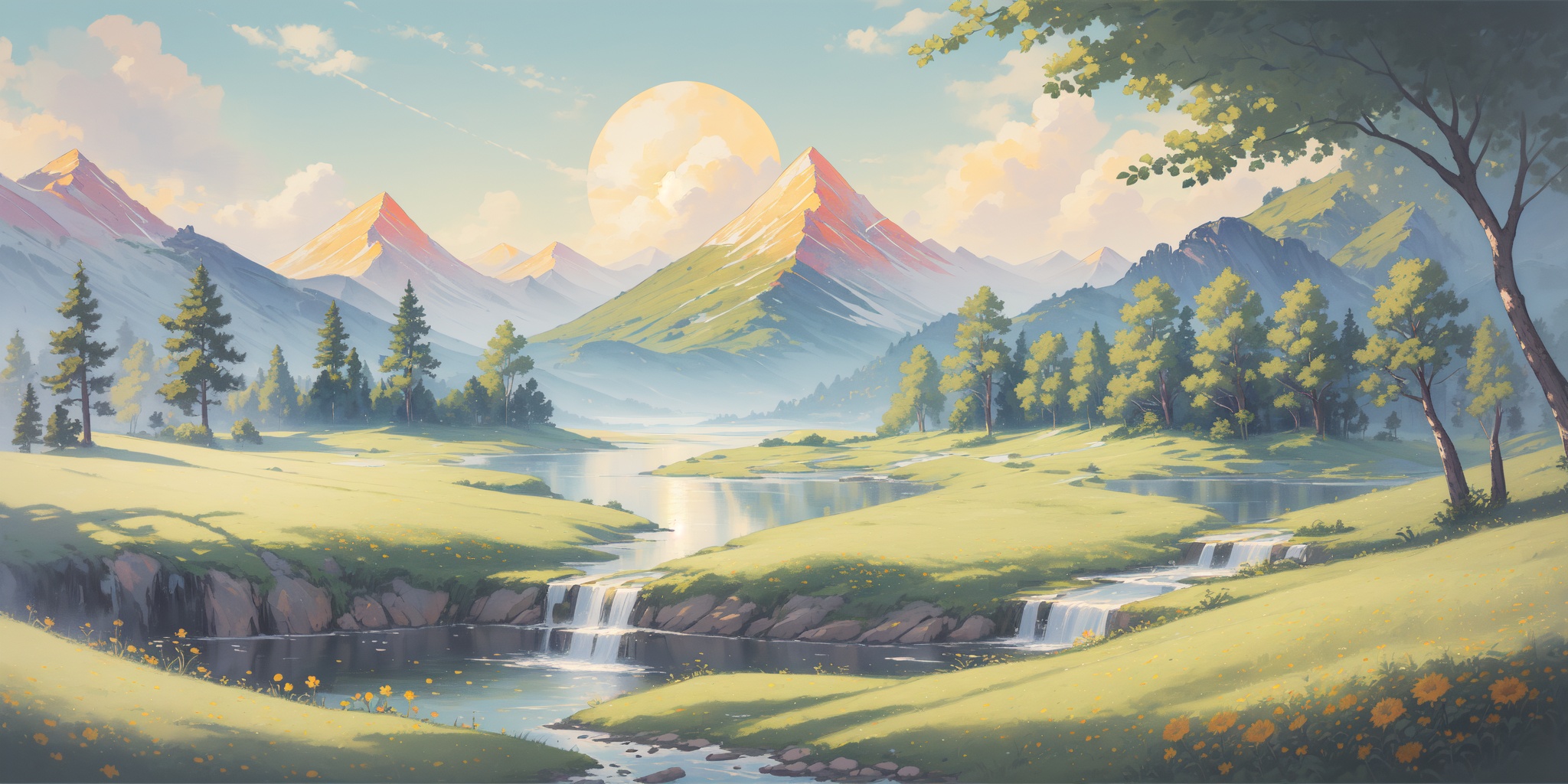 scenery,outdoors,beautiful detailed sky,beautiful detailed glow,best shadow,panorama,(Ruins, Jungle, Trees, Vines, Moss, History, Mystery, Exploration:1.3),(Mountain stream, Swimming, Afternoon sun, Clear water, Nature sounds, Refreshment:1.2),(Lemon trees, Citrus fragrance, Lemon orchard, Morning sunlight, Mediterranean landscape, Harvest time:1.1),(masterpiece, best quality, beautiful and aesthetic:1.3),extremely detailed CG,ultra-detailed,beautiful concept illustration,illustration,extremely fine and beautiful,perfect details,<lora:YOUHUA:1>,oil painting \(medium\),