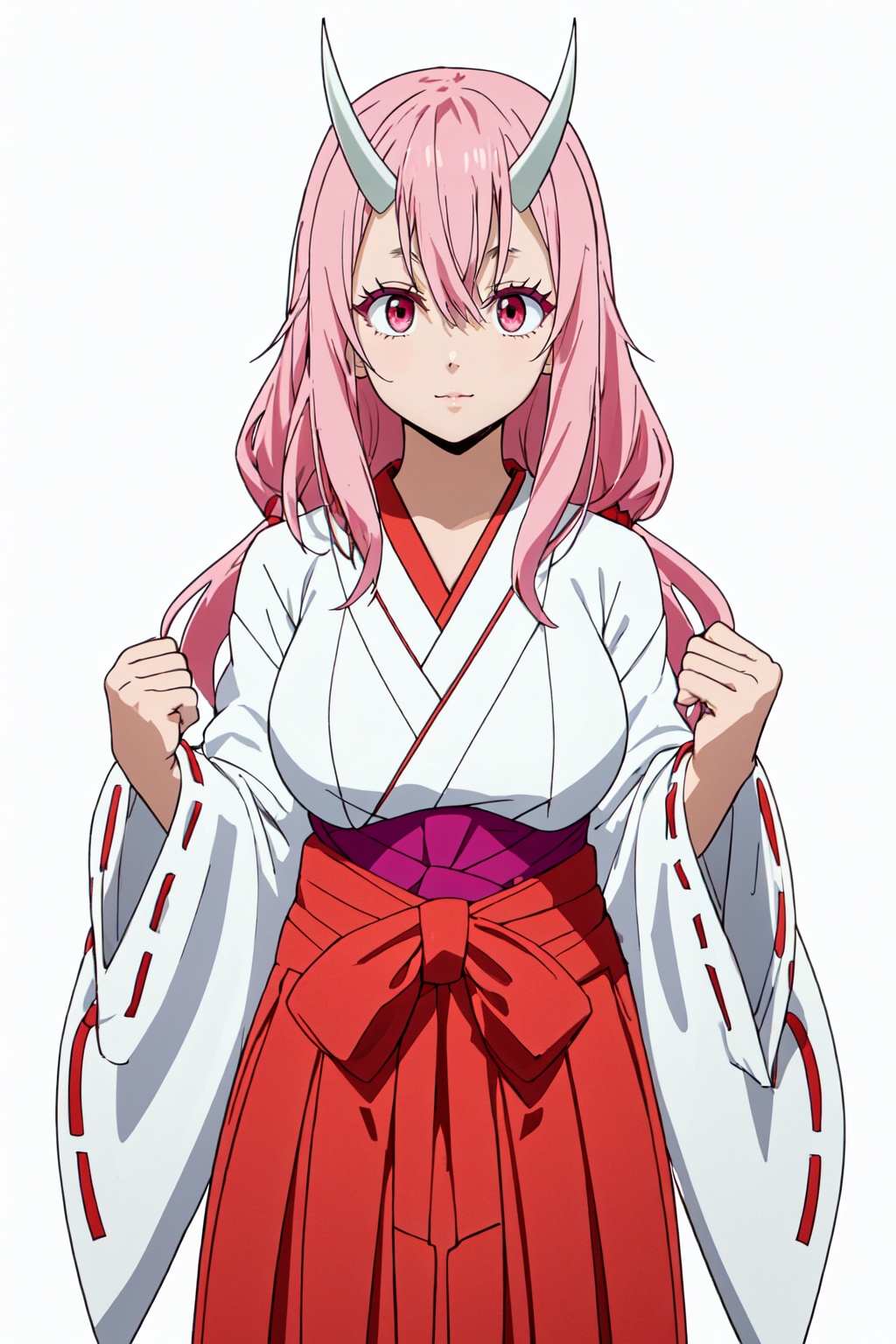 1girl,looking at viewer,solo,oni,horns,pink hair,long hair,hair between eyes,red eyes,pink eyes,miko,japanese clothes,red hakama,ribbon trim,ribbon-trimmed sleeves,hakama,white kimono,skirt,kimono,collarbone,wide sleeves,long sleeves,hakama skirt,red ribbon,breasts,ribbon,<lora:Shuna:0.8>,Shuna_CYQL,full_shot,beautiful face,beautiful eyes,glossy skin,shiny skin,white background,simple background,posing in front,masterpiece,best quality,beautiful and aesthetic,contrapposto,female focus,wallpaper,fashion,
