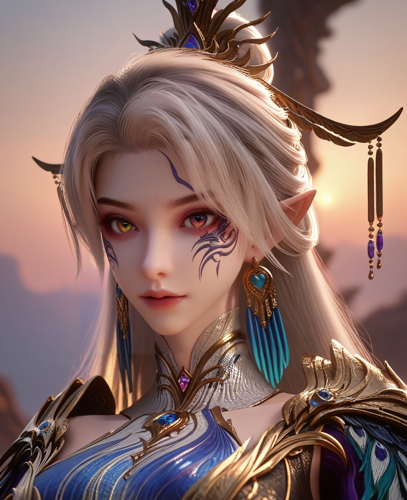 (contrapposto:1.1),looking at viewer,(large breasts:1.2),<lora:XL16云深不知梦燕倾霏穹冥本体:0.95>,miss yanqingfei,atropurpureus gown,heterochromia eyes with blue and red,facial mark,white hair,very long hair,hair ornament,hair bun,earrings,jewelry,pointy ears,, score_9,score_8_up,score_7_up,score_6_up,score_5_up,score_4_up,3d rendering,tag1,tag2, Cinematic Lighting,backlighting,