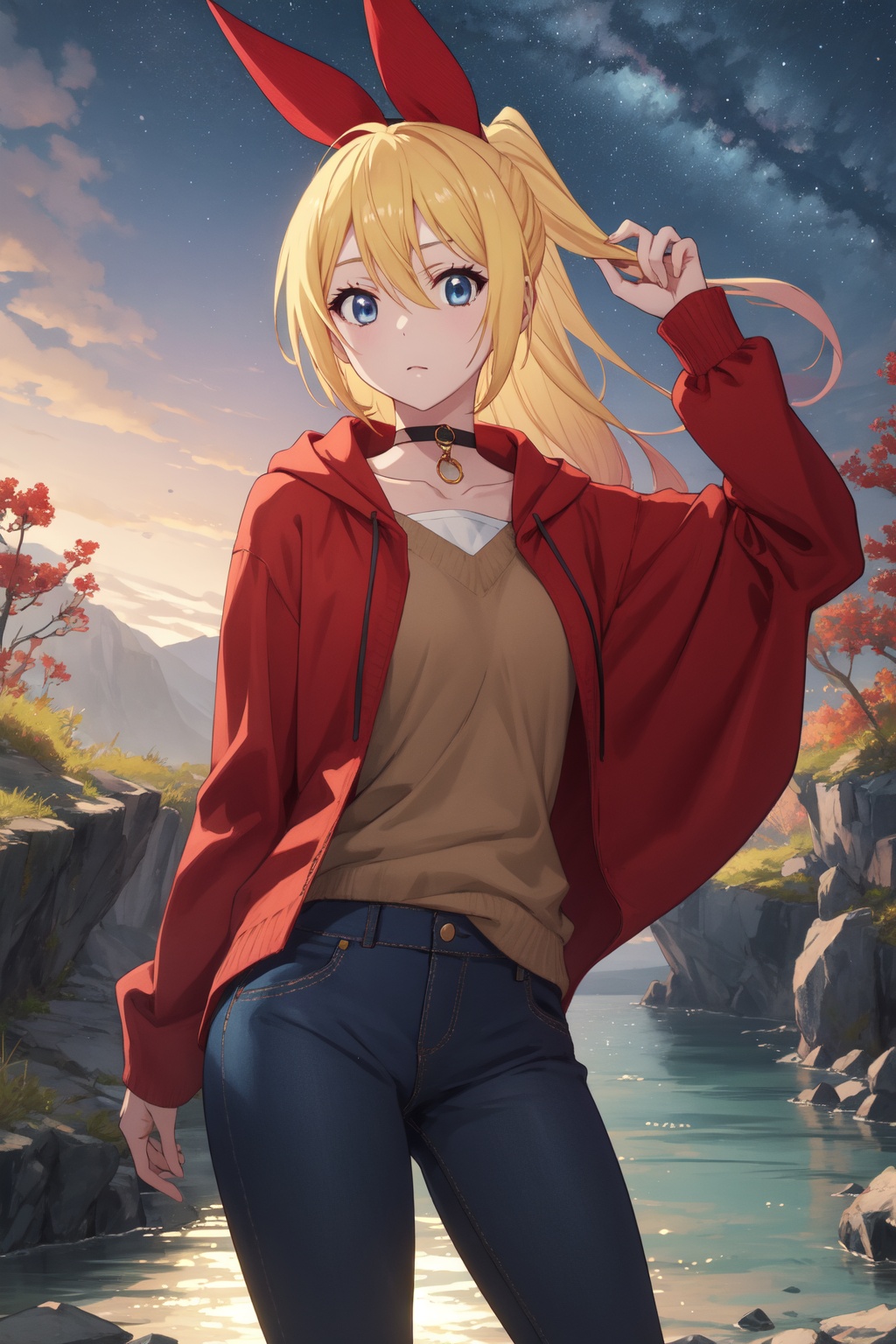 <lora:Chitoge-000008:0.8>,Chitoge CYQL,1girl,looking at viewer,solo,long hair,blonde hair,hair between eyes,ribbon,hair ribbon,red ribbon,hair bow,blue eyes,choker,Aran sweater poncho paired with skinny jeans and suede ankle boots,happy,cowboy_shot,Canyon, River, Cliffs, Rapids, Canyon walls, Wildlife, Echoes, Adventure,(Japanese maples, Zen garden, Red foliage, Stone lanterns, Autumnal hues, Japanese serenity:0.5),beautiful detailed sky,beautiful detailed glow,posing in front of a colorful and dynamic background,masterpiece,best quality,beautiful and aesthetic,contrapposto,female focus,wallpaper,