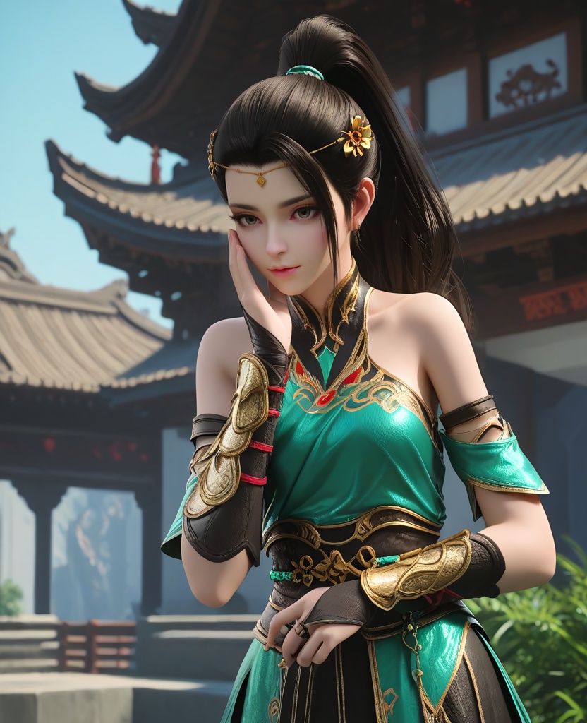 (oriental architecture, elegant decor, sophisticated style:1.1),Hands on the face, peeking through fingers,,(breasts:1.2),<lora:XL16大主宰唐芊儿:0.95>,miss tangqianer,green single-sleeve robe,black miniskirt,gray eyes,black hair,ponytail,hair ornament,pauldron,sash,bracer,single bare shoulder,asymmetrical fishnets,high-heeled knee boots,black underwear,, zPDXL2, score_9, score_8_up, score_7_up BREAK realistic, masterpiece,best quality, highly detailed,, zPDXL3, zPDXL2,zPDXL, zPDXLxxx, zPDXLrl,