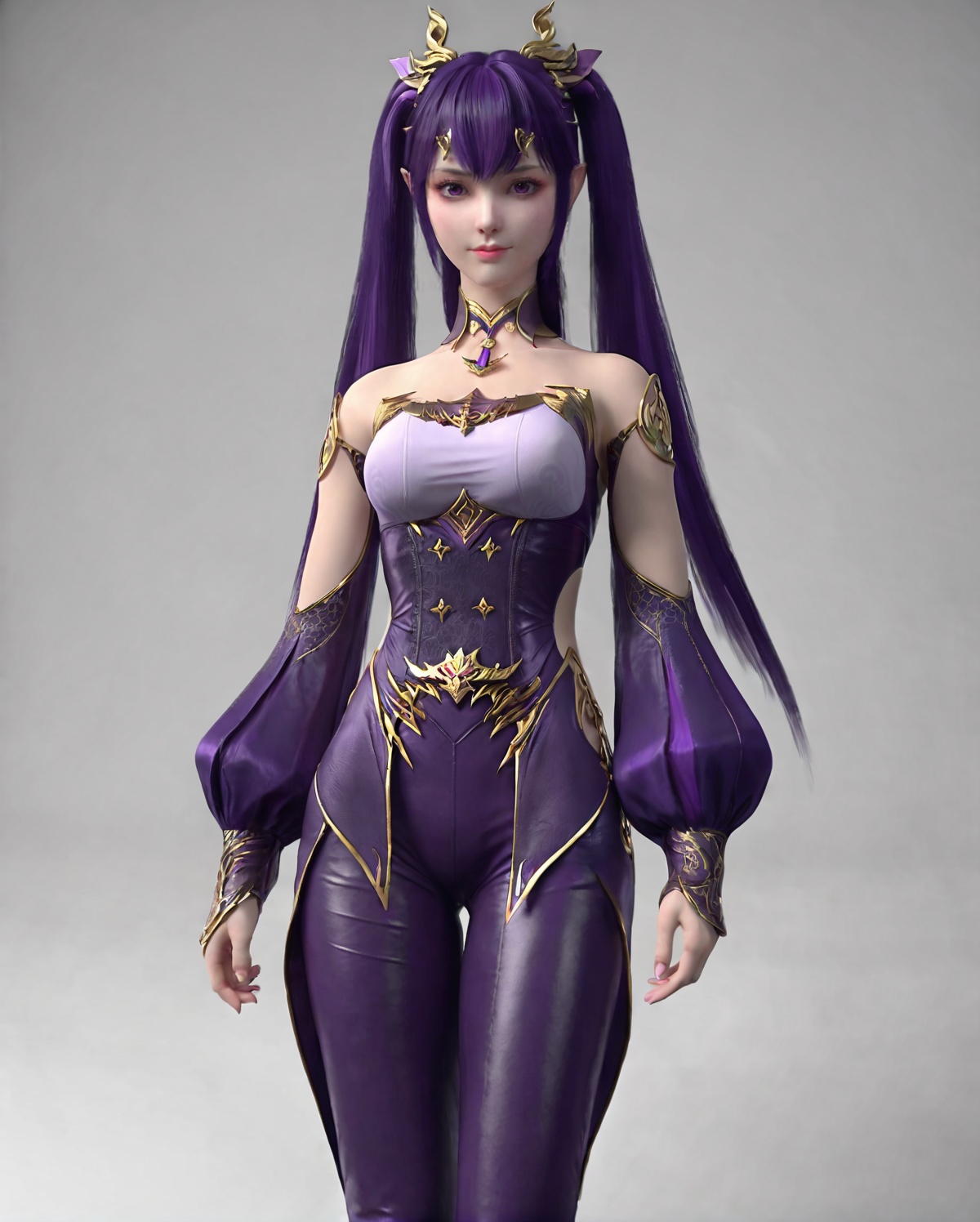 <lora:SF_DaZiYan_Pony_Realism-000004:0.7>,1girl,solo,dress,bangs,purple hair,twintails,leather pants,detached sleeves,hair ornament,standing,looking at viewer,white background,