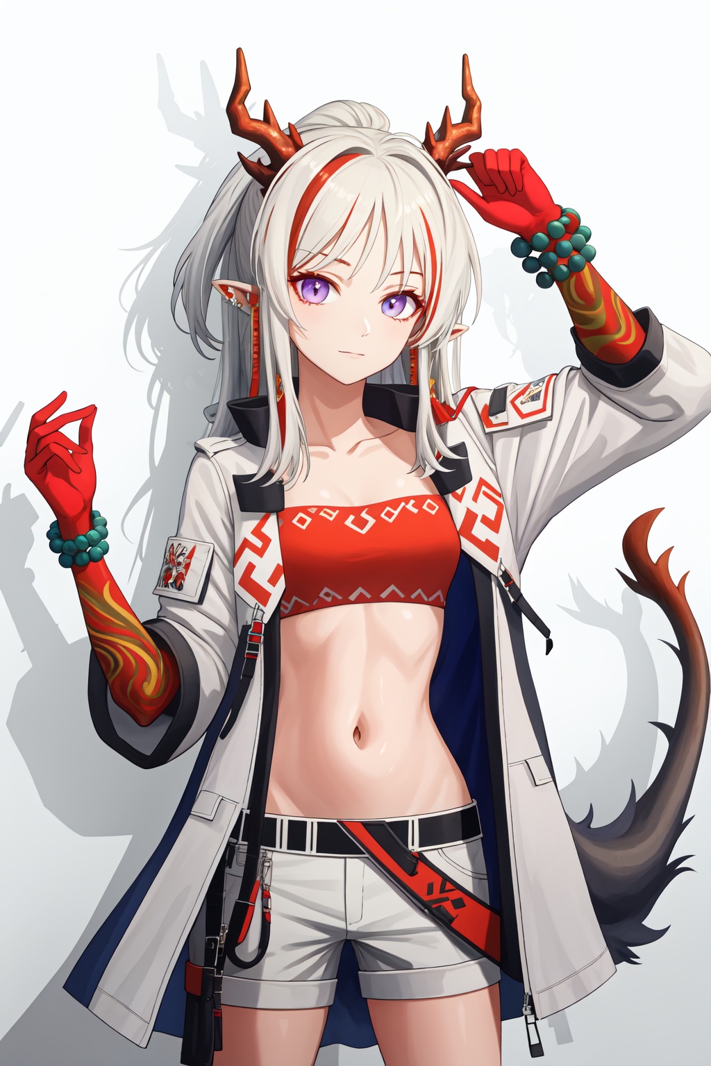 <lora:年-000010:1>,a girl named arknian,arknian,1girl,tube top,tail,strapless,jewelry,bandeau,open clothes,midriff,navel,red bandeau,bracelet,jacket,bead bracelet,crop top,stomach,, (masterpiece,best quality,high quality:1.4),absurdres,
