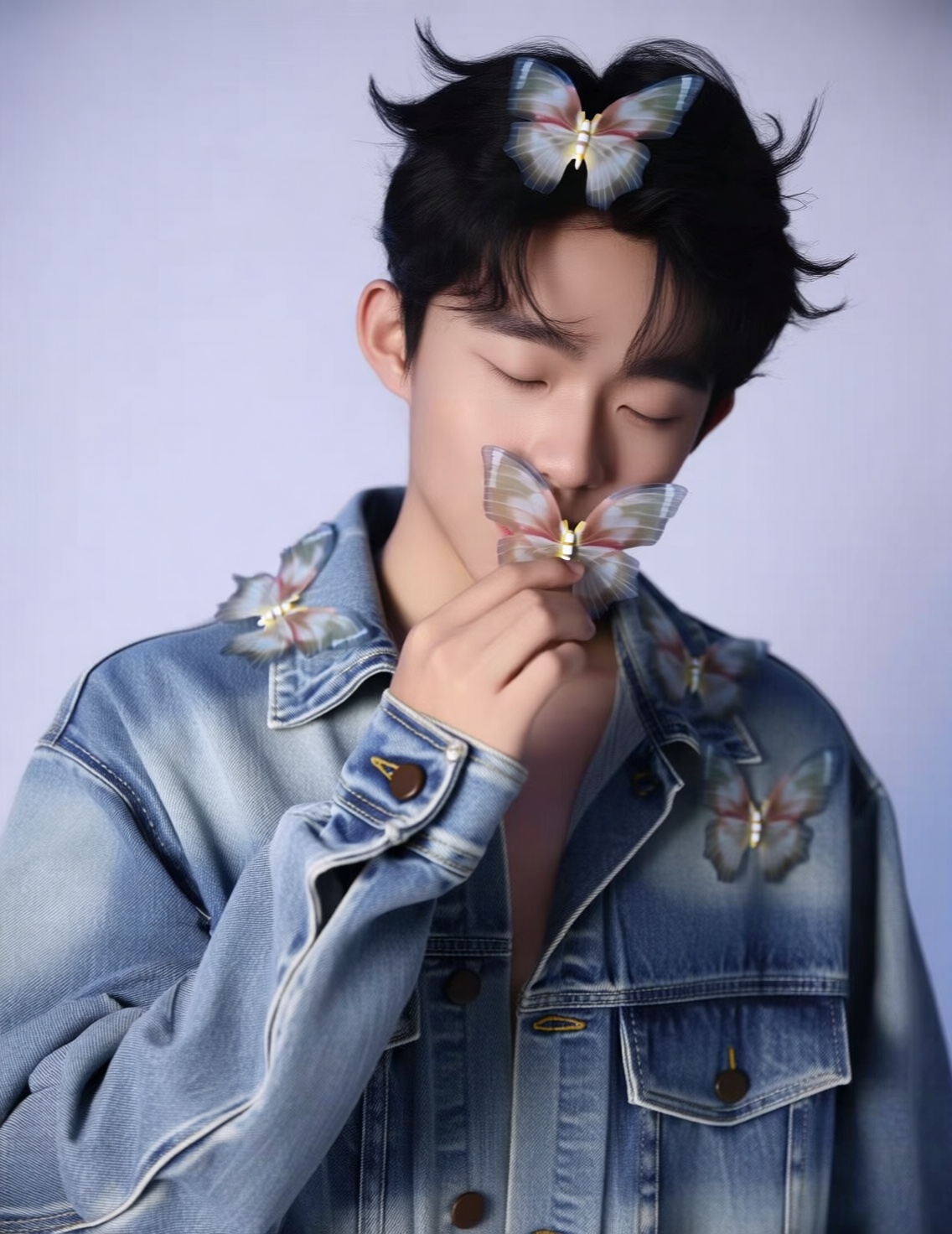 The image is a photograph of a young Asian man with fair skin and short, slightly tousled black hair. He is wearing a light blue, slightly faded denim jacket with large, dark brown buttons and two chest pockets. The jacket has a casual, slightly worn texture. The man is gazing downward with a serene expression, his eyes closed. In his right hand, he gently holds a delicate, translucent butterfly with light grey and white wings, close to his face. Several other similar butterflies are perched on his jacket and head, with one resting on his hair, just above his forehead. The background is a smooth, gradient light purple, which contrasts softly with his skin and the denim jacket. The lighting is soft and even, highlighting the gentle texture of the butterflies wings and the subtle details of the denim. The overall composition of the photograph is calm and ethereal, with a focus on the gentle interaction between the man and the butterflies, creating a sense of tranquility and connection with nature. The photograph uses a shallow depth of field, keeping the man and the butterflies in sharp focus while the background remains softly blurred.