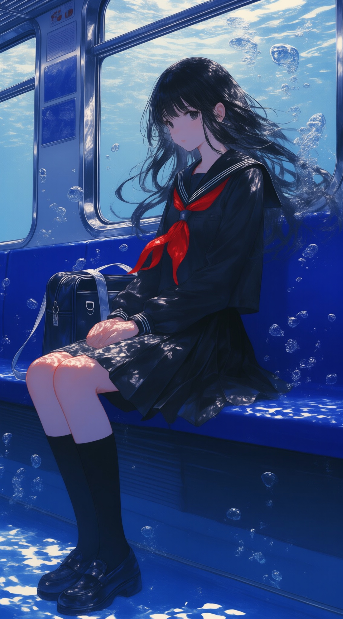 This is a digital illustration, 1girl,train interior,bag,school uniform,fish,solo,sitting,long hair,bubble,skirt,neckerchief,socks,red neckerchief,serafuku,black socks,shoes,underwater,school bag,sailor collar,black hair,air bubble,blue theme,black skirt,shirt,pleated skirt,long sleeves,, extreme aesthetic,(quasarcake:0.7),masterpiece,best quality,good quality,newest,year 2024,year 2023,very aesthetic,absurdres,, Negative prompt: ng_deepnegative_v1_75t,(badhandv4:1.2),EasyNegative,(worst quality:2),,nsfw, Steps: 30, Sampler: Euler, CFG scale: 4.0, Seed: 1196457114, Size: 1142x2048, Model hash: 98763a1277, Model: Qwen-Image_1.0.safetensors, Denoising strength: 0, RNG: CPU, Lora 1: ZOZ_情绪插画04, Lora Hash 1: e826ccab9b, Lora Weight 1: 0.8, vae_name: automatic