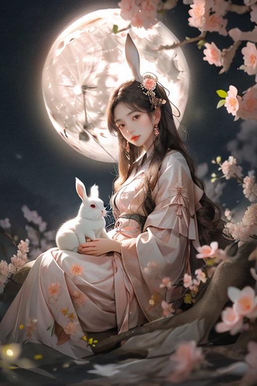a woman sitting on a rock with a rabbit in her lap and a full moon in the background with pink flowers,<lora:cemx:1>,
